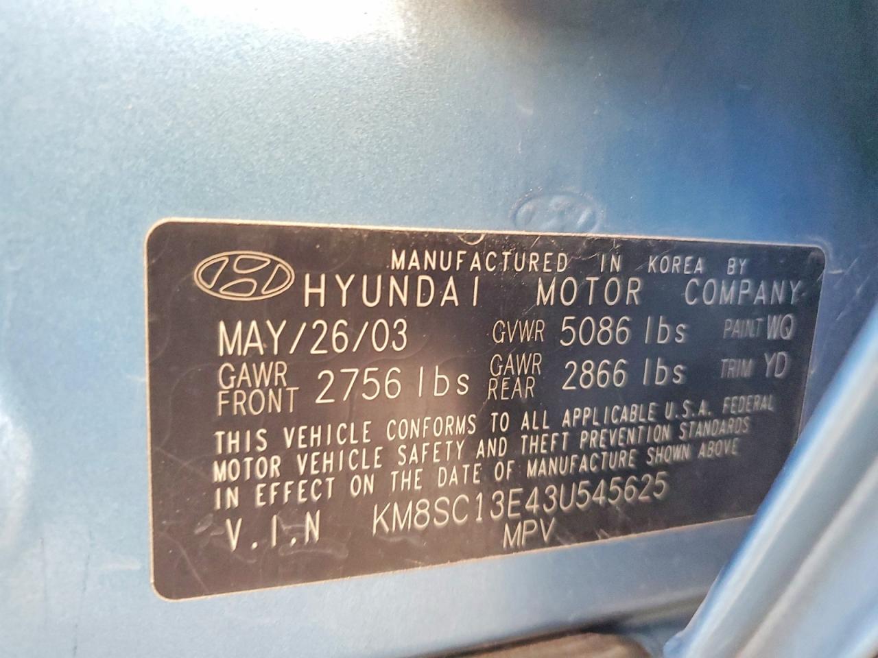2003 Hyundai Santa Fe Gls Blue vin: KM8SC13E43U545625