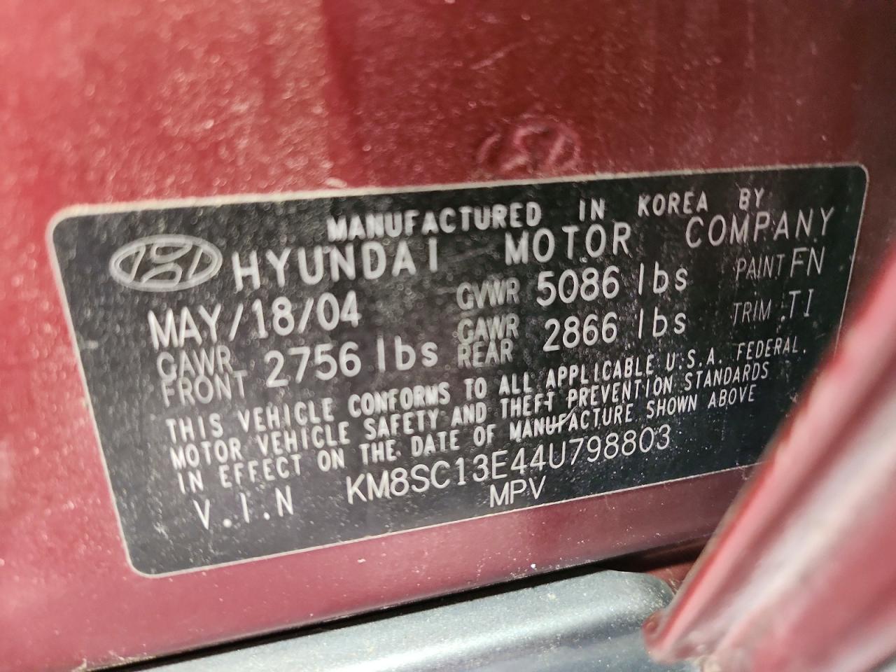 2004 Hyundai Santa Fe Gls Burgundy vin: KM8SC13E44U798803