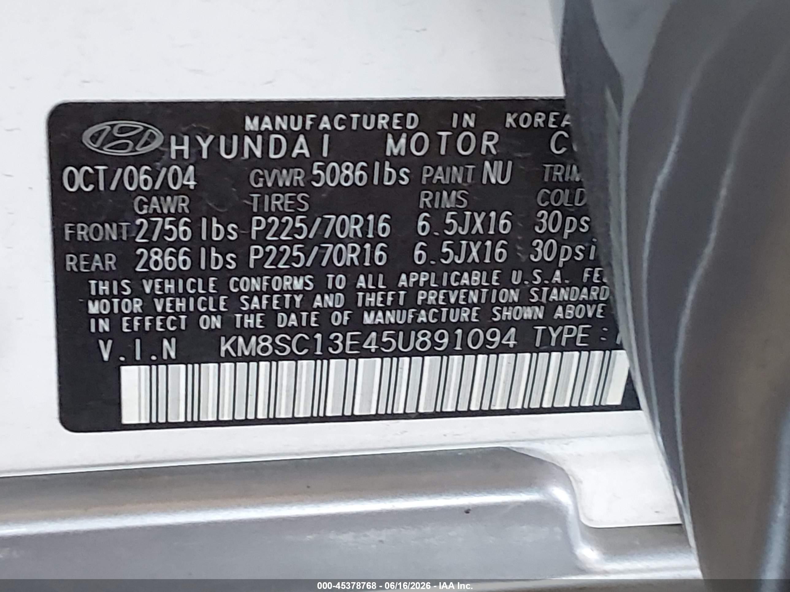 2005 Hyundai Santa Fe Gls/lx White vin: KM8SC13E45U891094