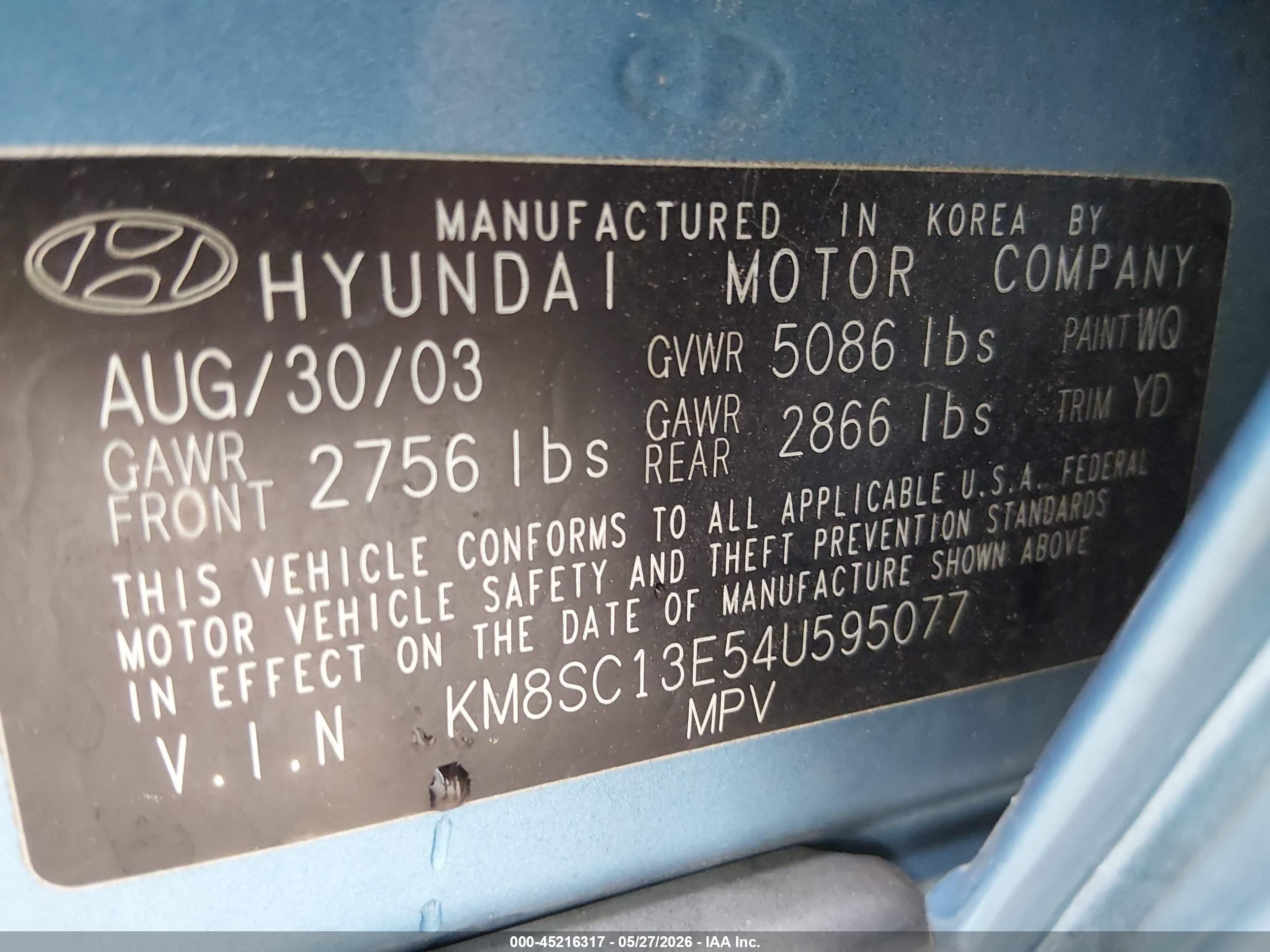 2004 Hyundai Santa Fe Gls/lx Blue vin: KM8SC13E54U595077