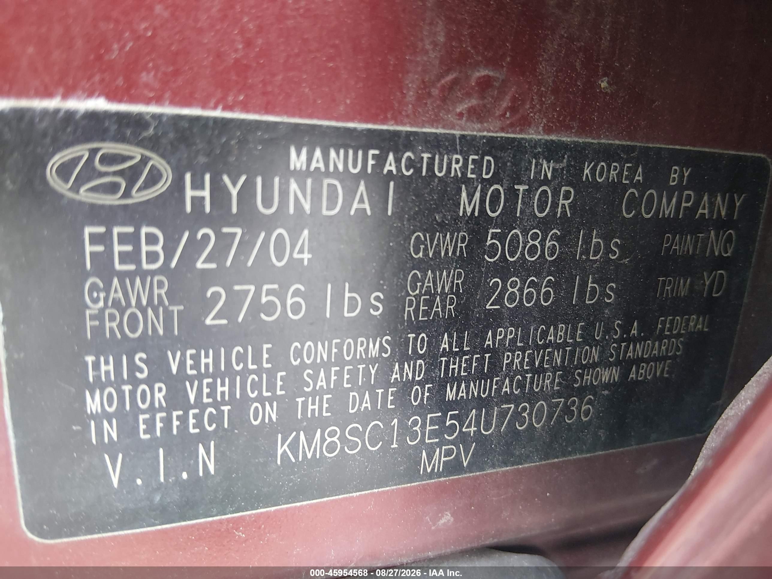2004 Hyundai Santa Fe Gls/lx Красный vin: KM8SC13E54U730736