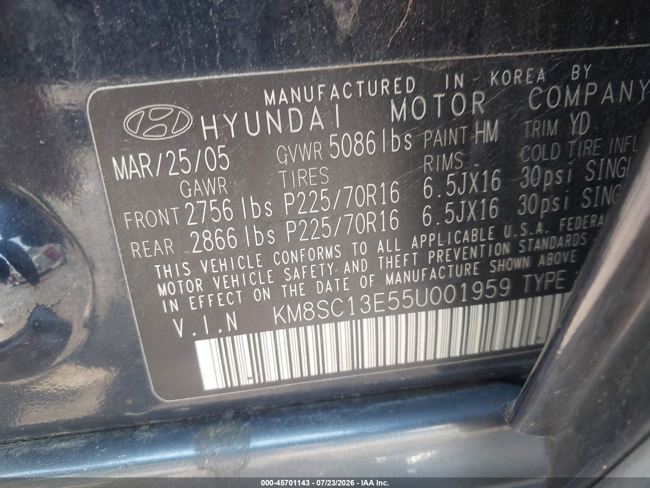 2005 Hyundai Santa Fe Gls/lx Blue vin: KM8SC13E55U001959