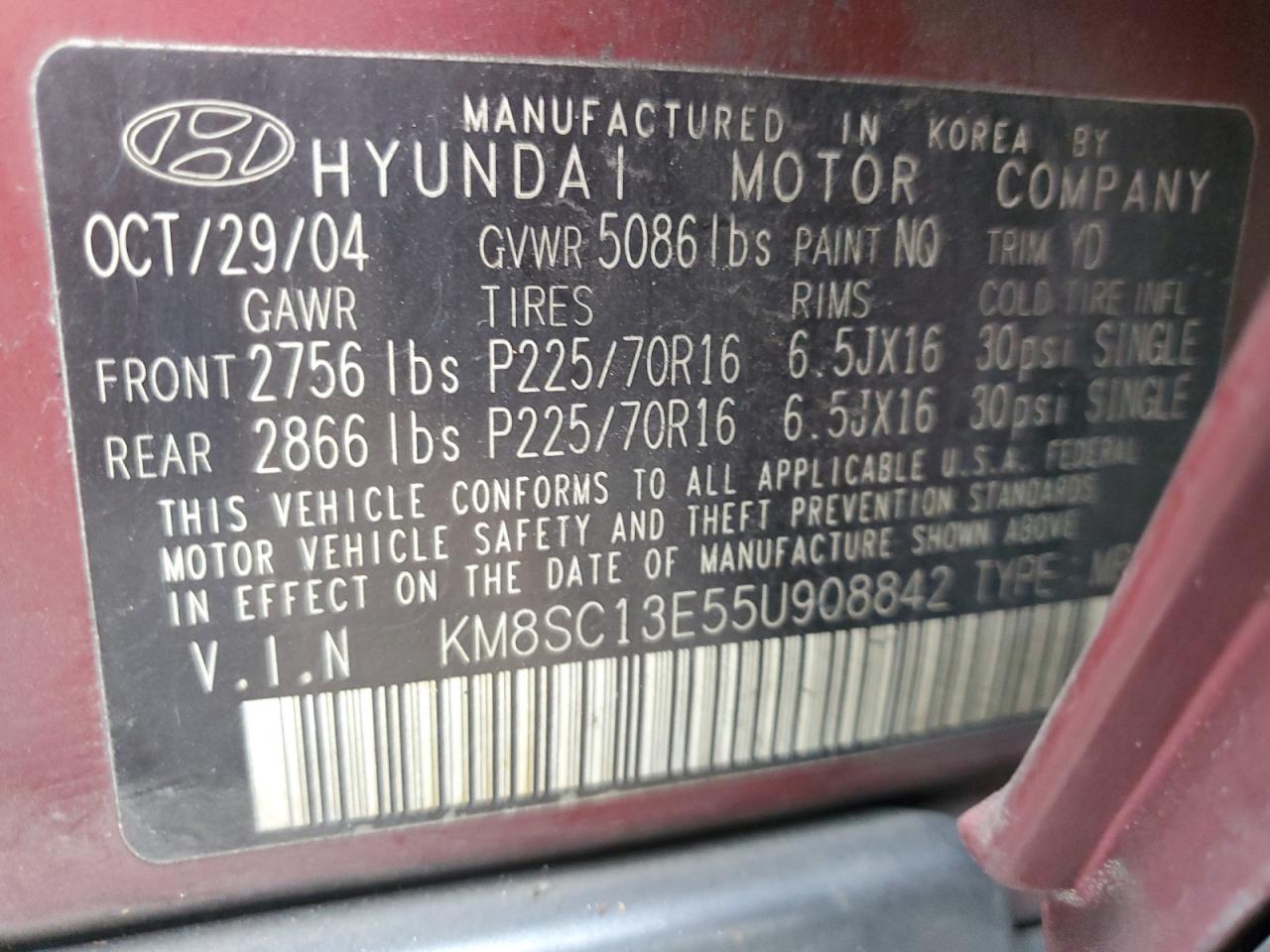 2005 Hyundai Santa Fe Gls Темно-бордовый vin: KM8SC13E55U908842