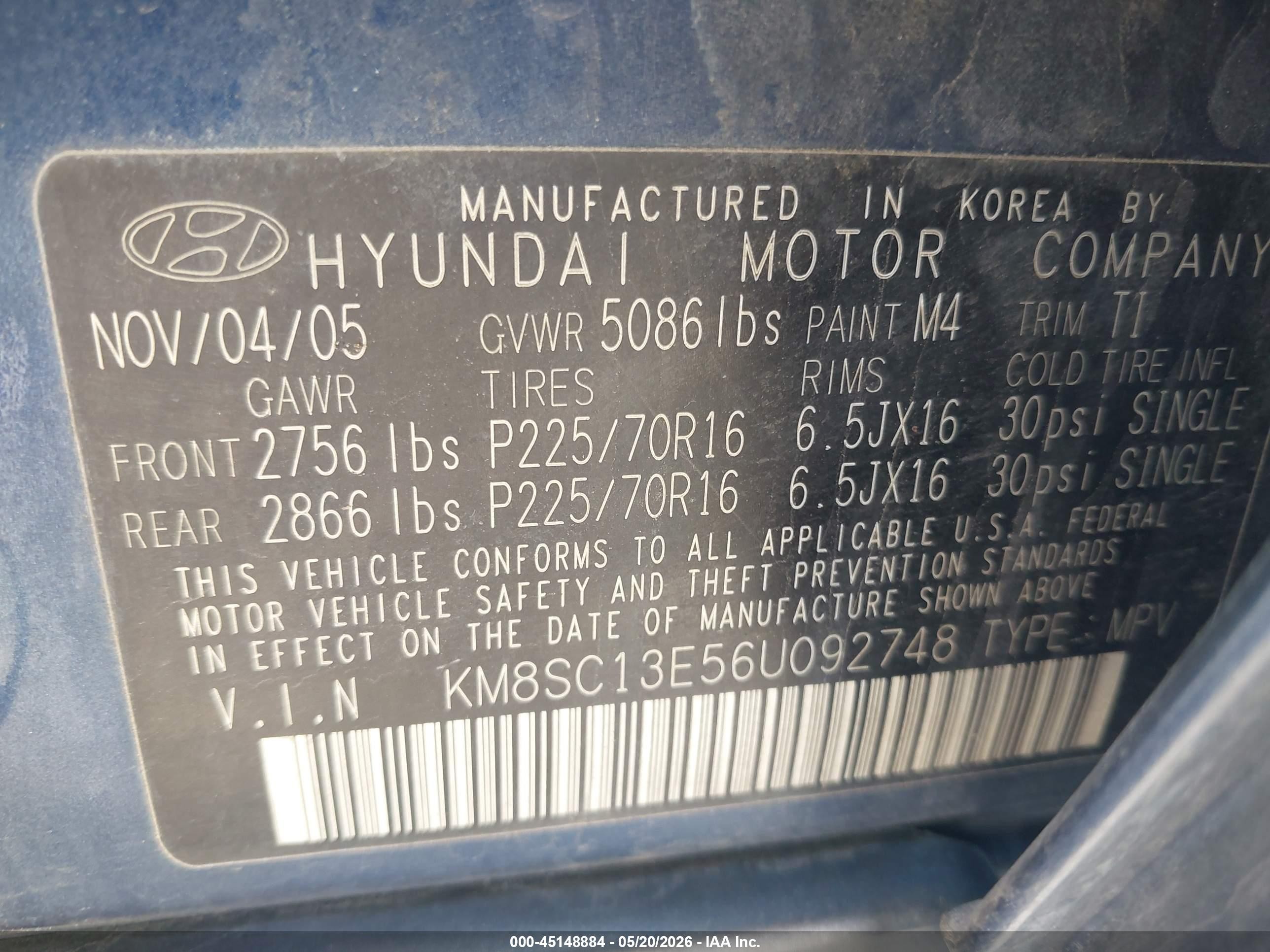 2006 Hyundai Santa Fe Gls/limited Dark Blue vin: KM8SC13E56U092748