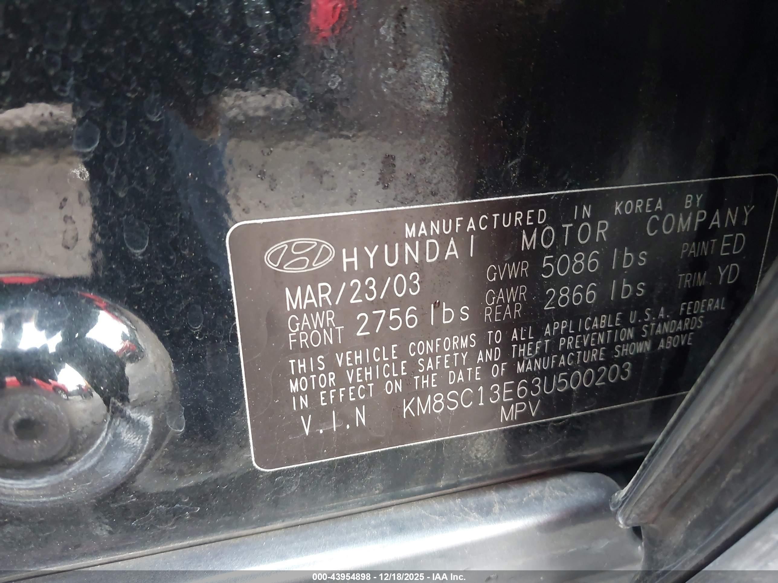 2003 Hyundai Santa Fe Gls/lx Black vin: KM8SC13E63U500203