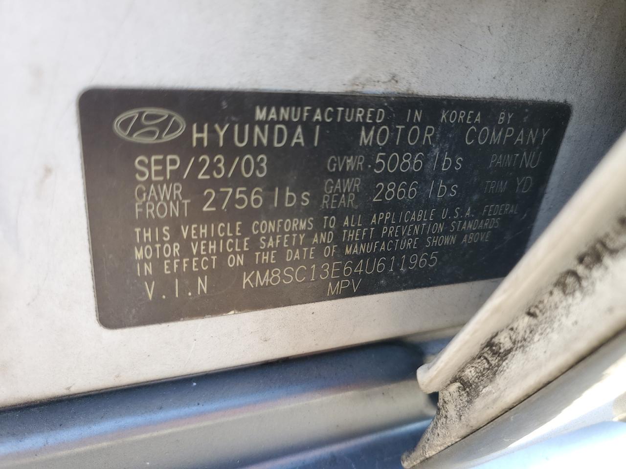2004 Hyundai Santa Fe White vin: KM8SC13E64U611965