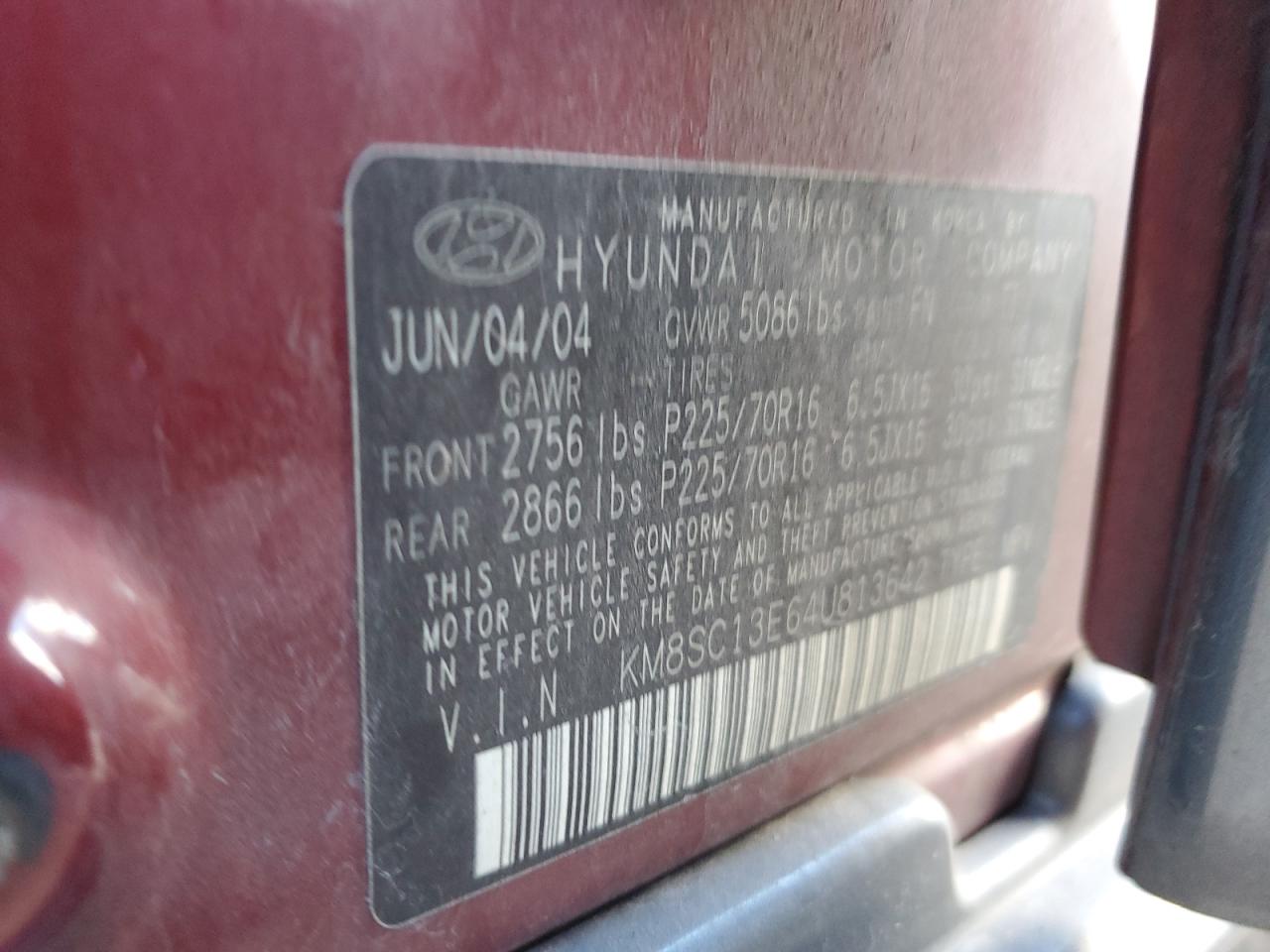 2004 Hyundai Santa Fe Gls Burgundy vin: KM8SC13E64U813642