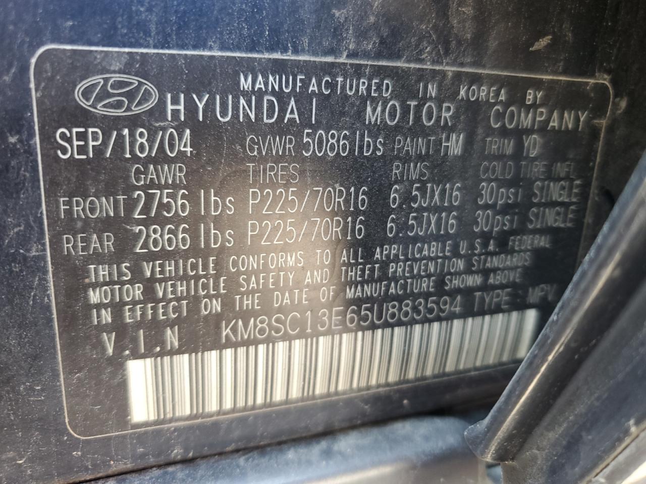 2005 Hyundai Santa Fe Gls Blue vin: KM8SC13E65U883594