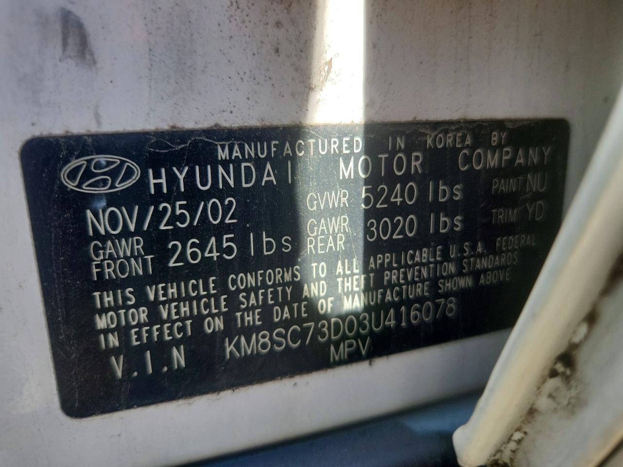 2003 Hyundai Santa Fe Gls White vin: KM8SC73D03U416078