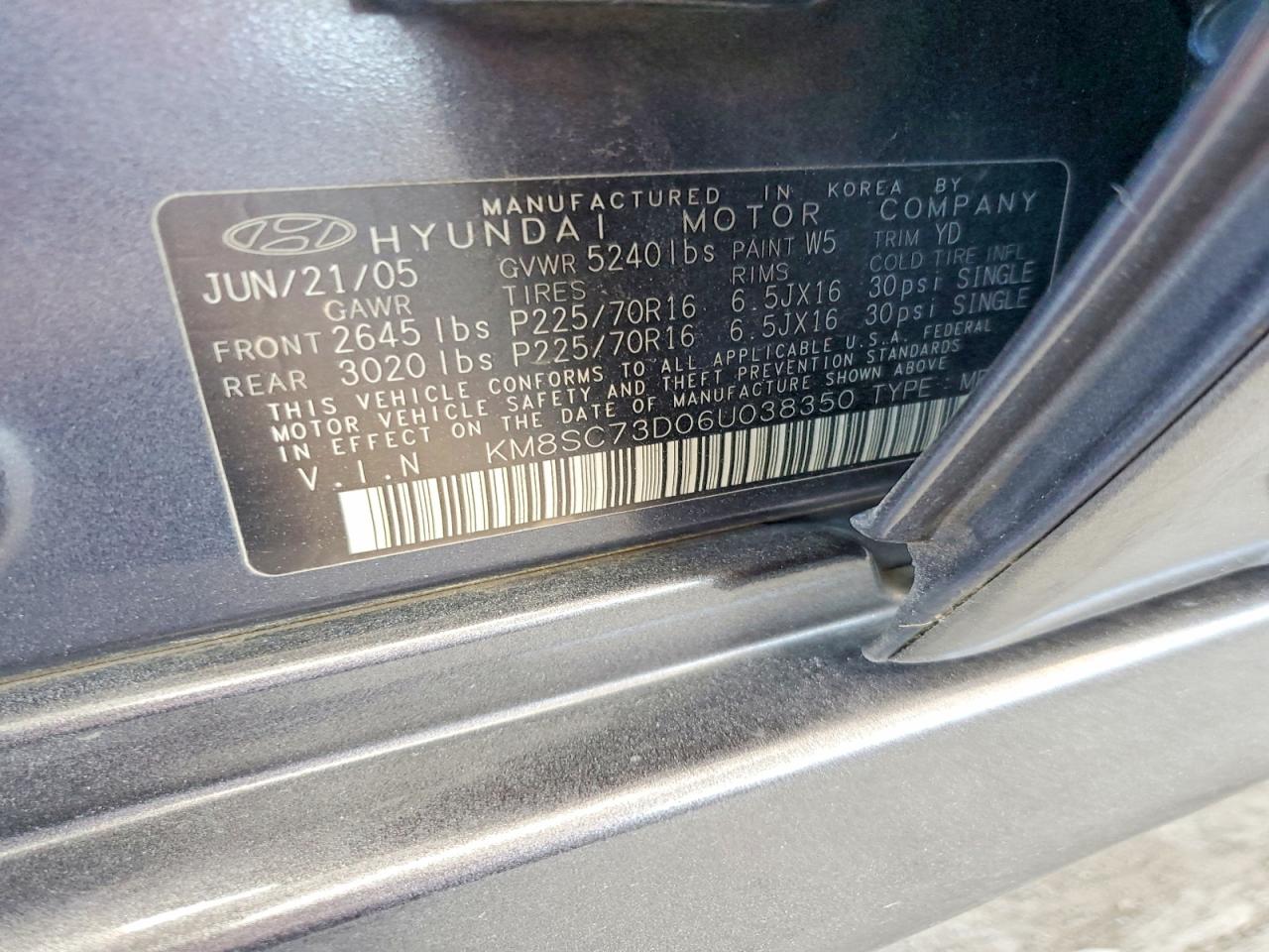 2006 Hyundai Santa Fe Gls Charcoal vin: KM8SC73D06U038350