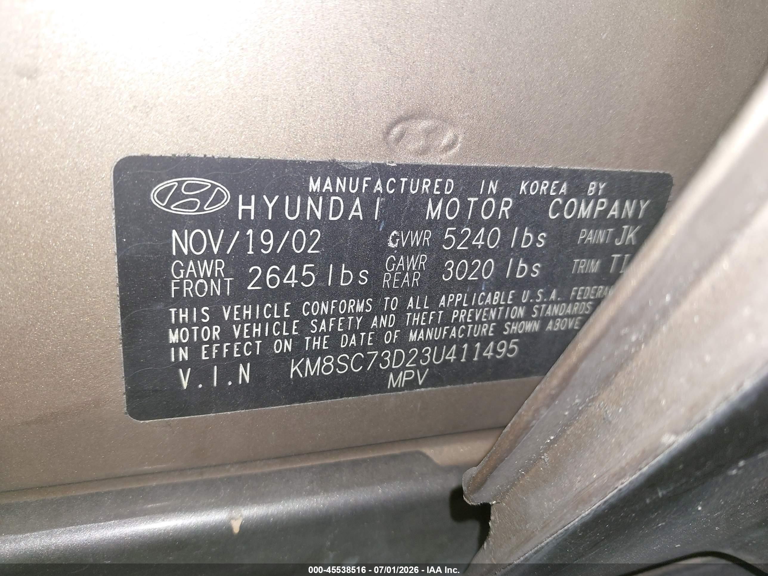 2003 Hyundai Santa Fe Gls/lx Gold vin: KM8SC73D23U411495