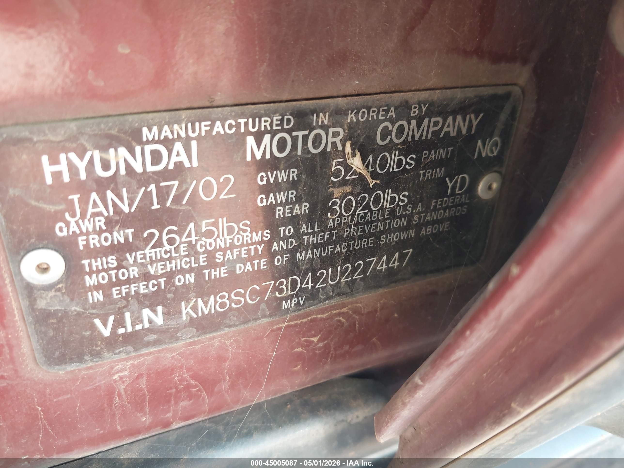 2002 Hyundai Santa Fe Gls/lx Темно-бордовый vin: KM8SC73D42U227447