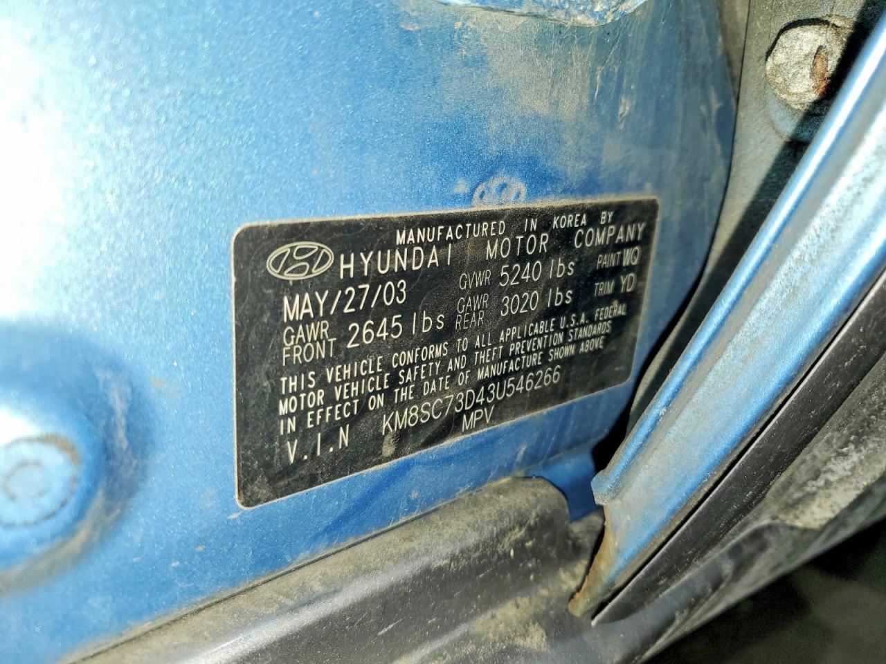 2003 Hyundai Santa Fe Gls Blue vin: KM8SC73D43U546266