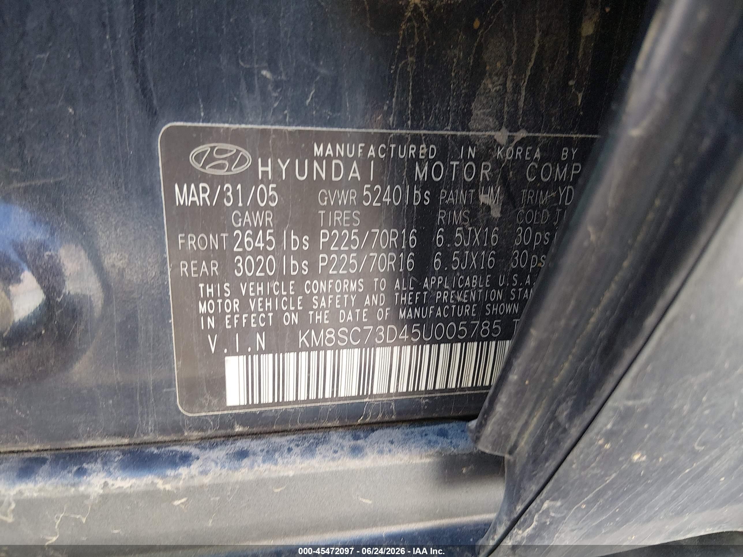 2005 Hyundai Santa Fe Gls Blue vin: KM8SC73D45U005785