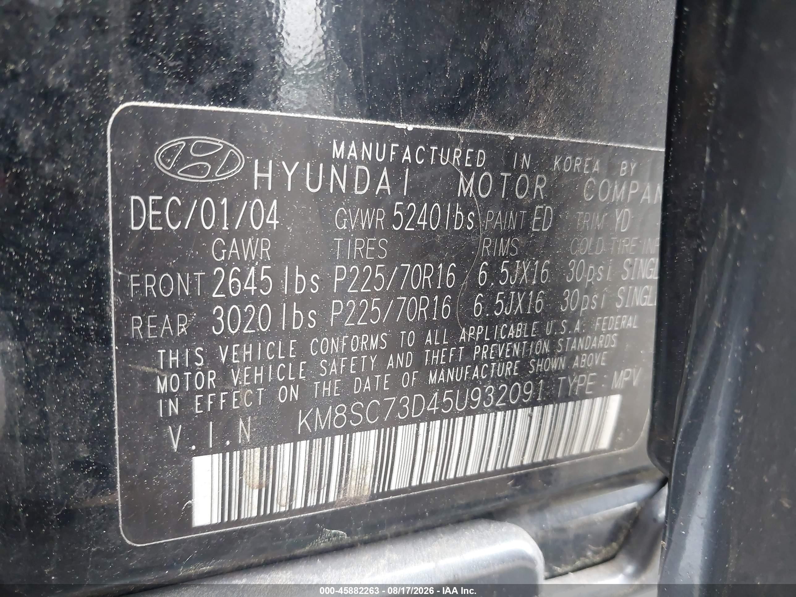2005 Hyundai Santa Fe Gls Black vin: KM8SC73D45U932091