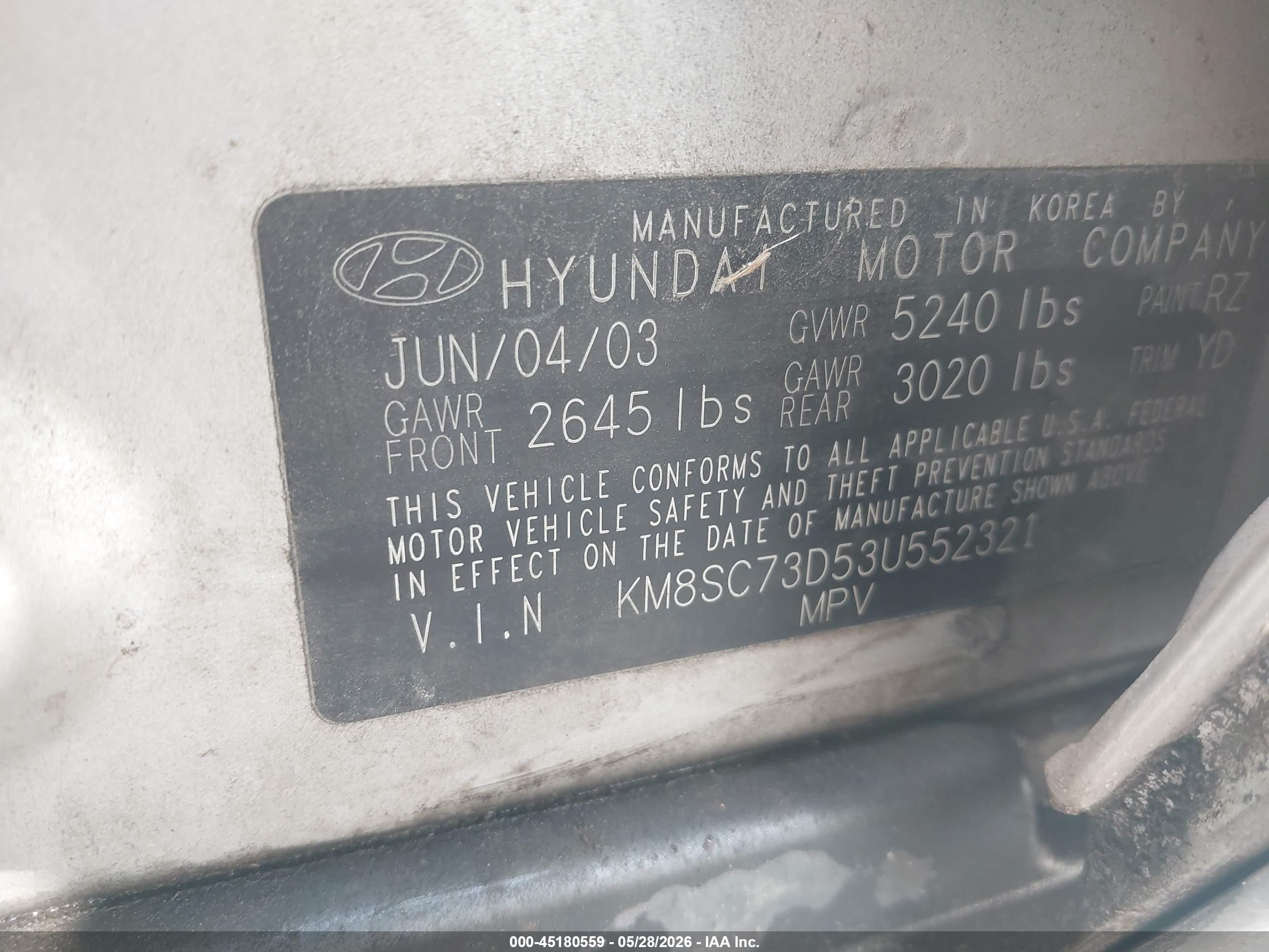 2003 Hyundai Santa Fe Gls/lx Silver vin: KM8SC73D53U552321