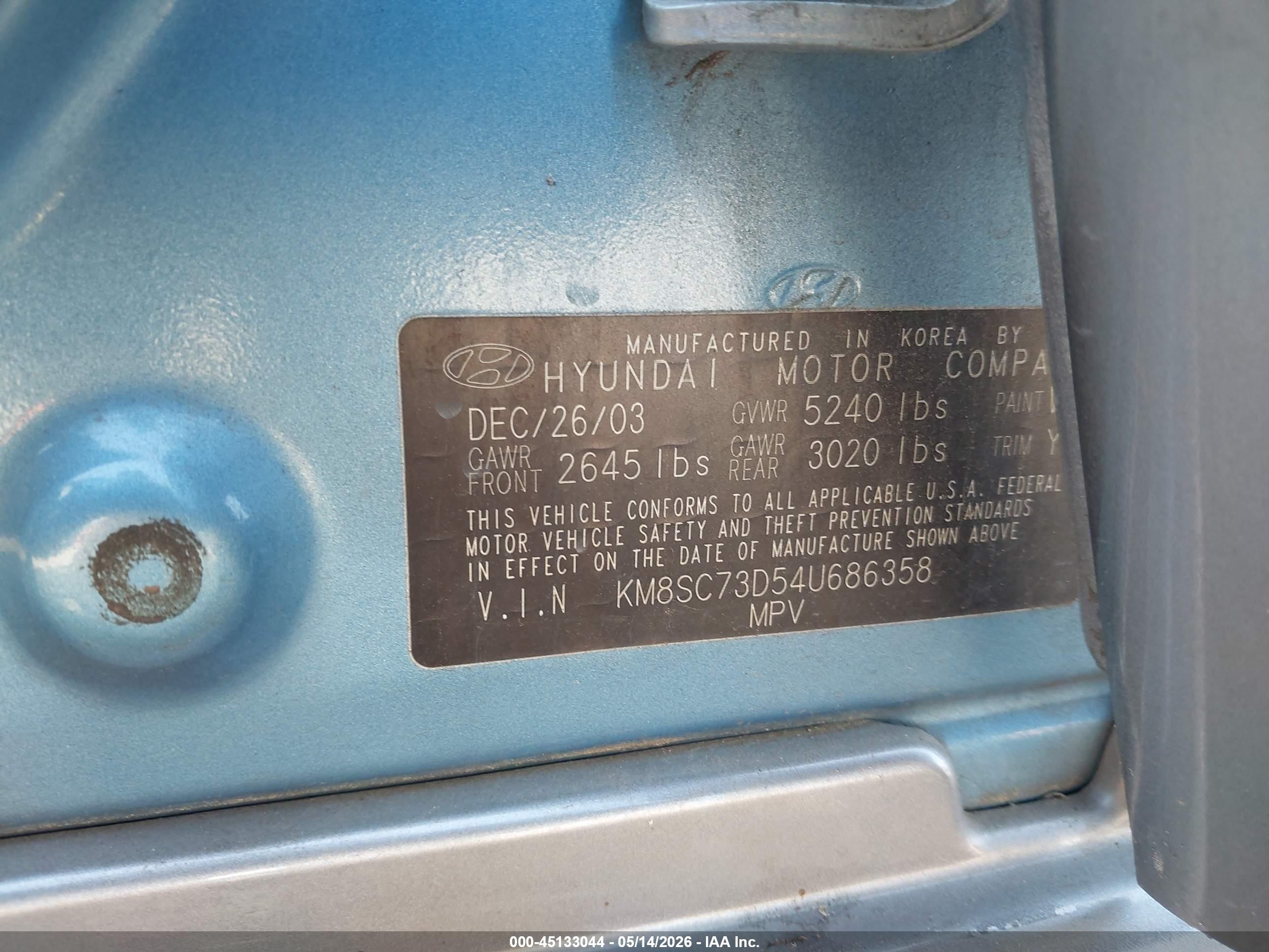 2004 Hyundai Santa Fe Gls Blue vin: KM8SC73D54U686358