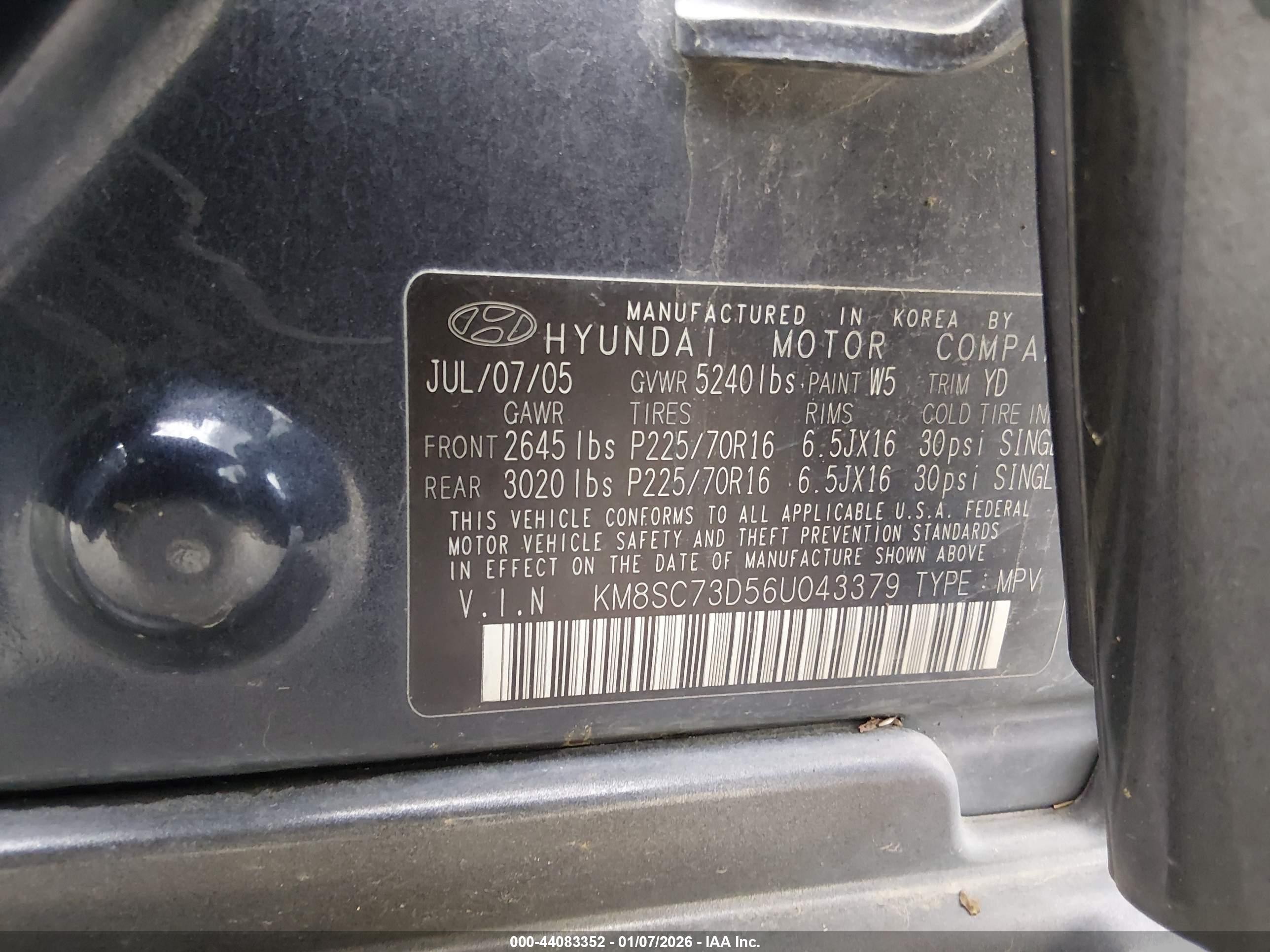 2006 Hyundai Santa Fe Gls Blue vin: KM8SC73D56U043379