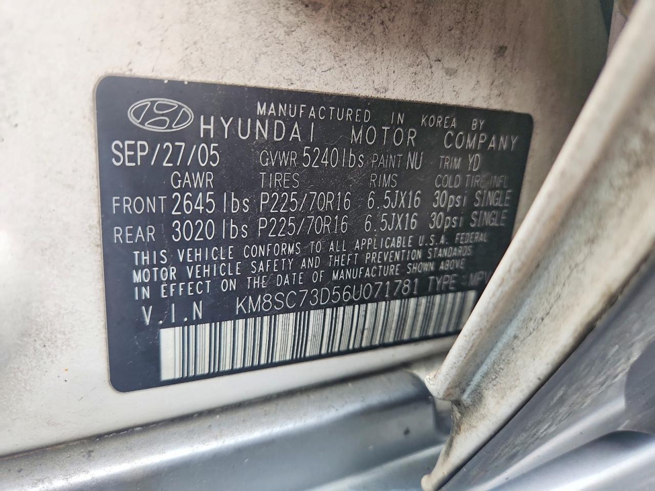 2006 Hyundai Santa Fe Gls White vin: KM8SC73D56U071781
