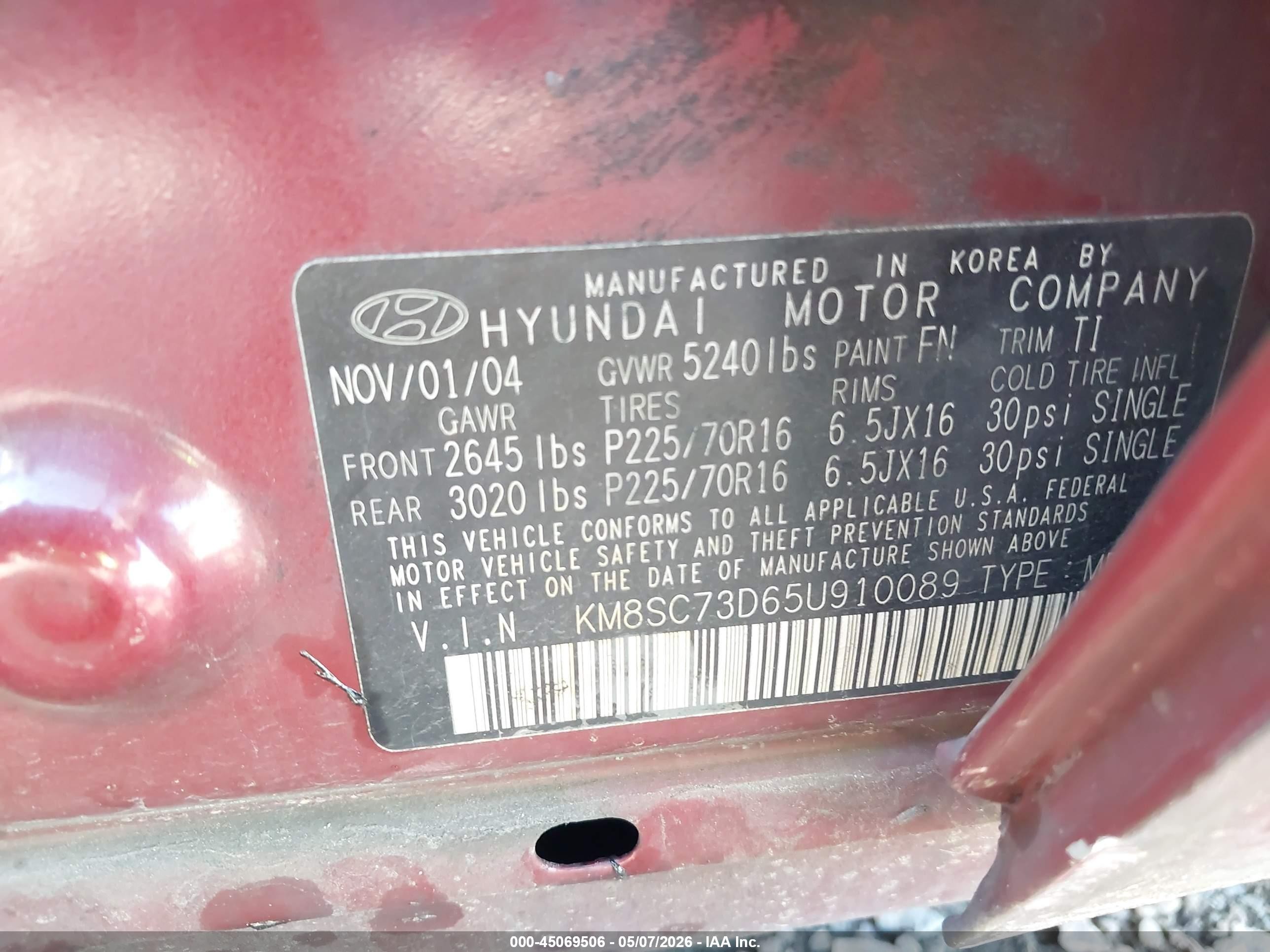 2005 Hyundai Santa Fe Gls Red vin: KM8SC73D65U910089