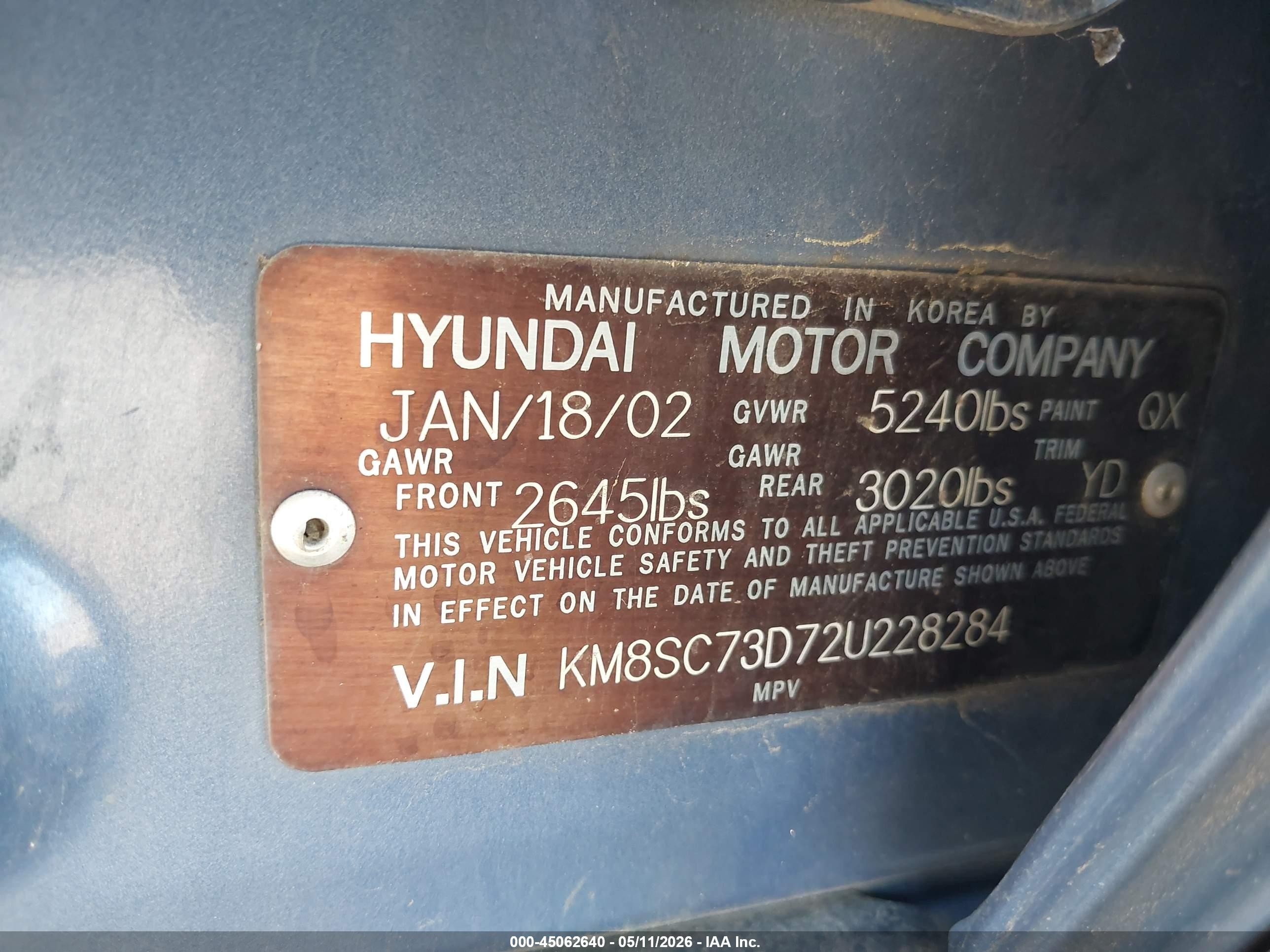2002 Hyundai Santa Fe Gls/lx Blue vin: KM8SC73D72U228284