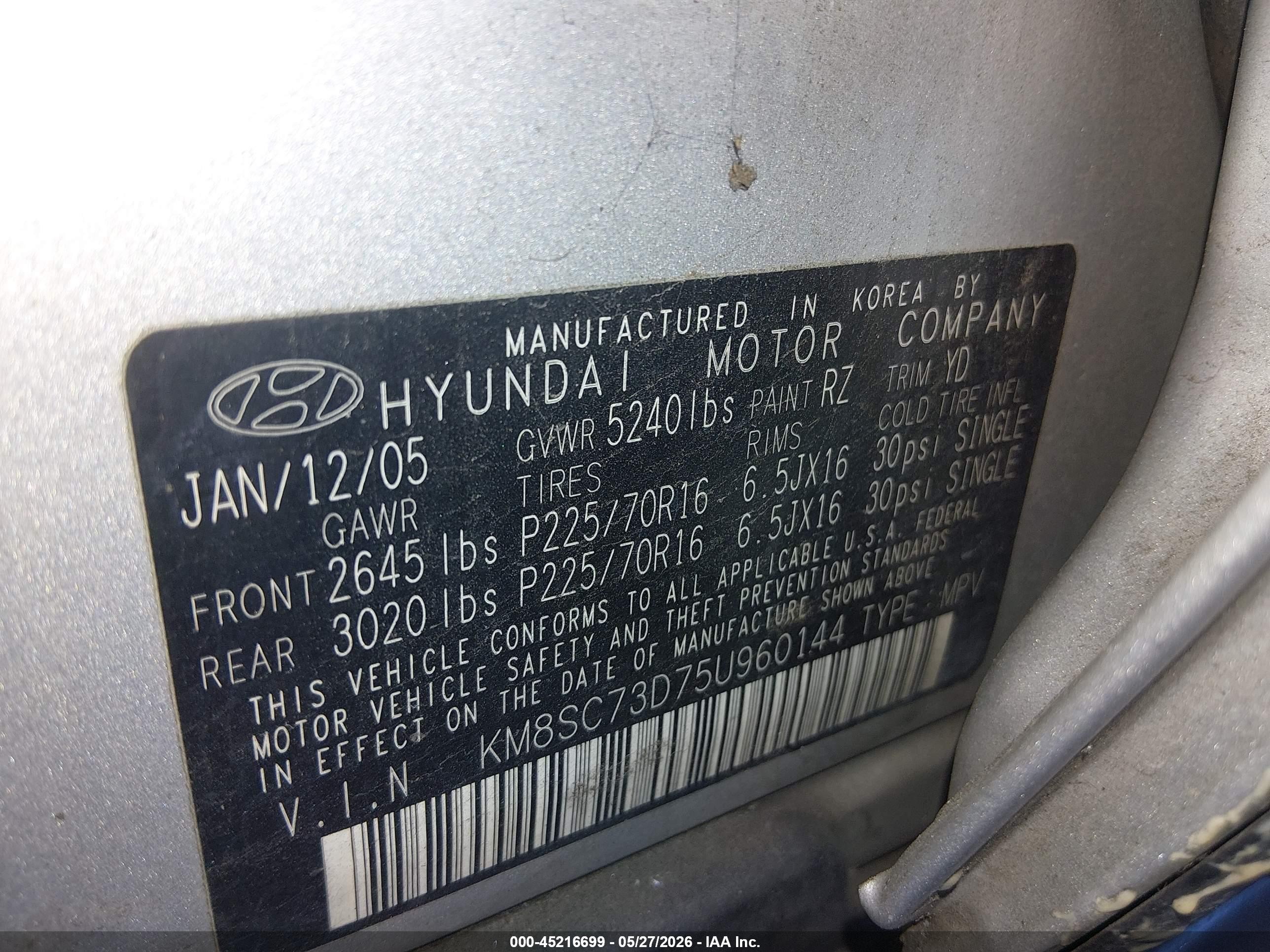 2005 Hyundai Santa Fe Gls Silver vin: KM8SC73D75U960144