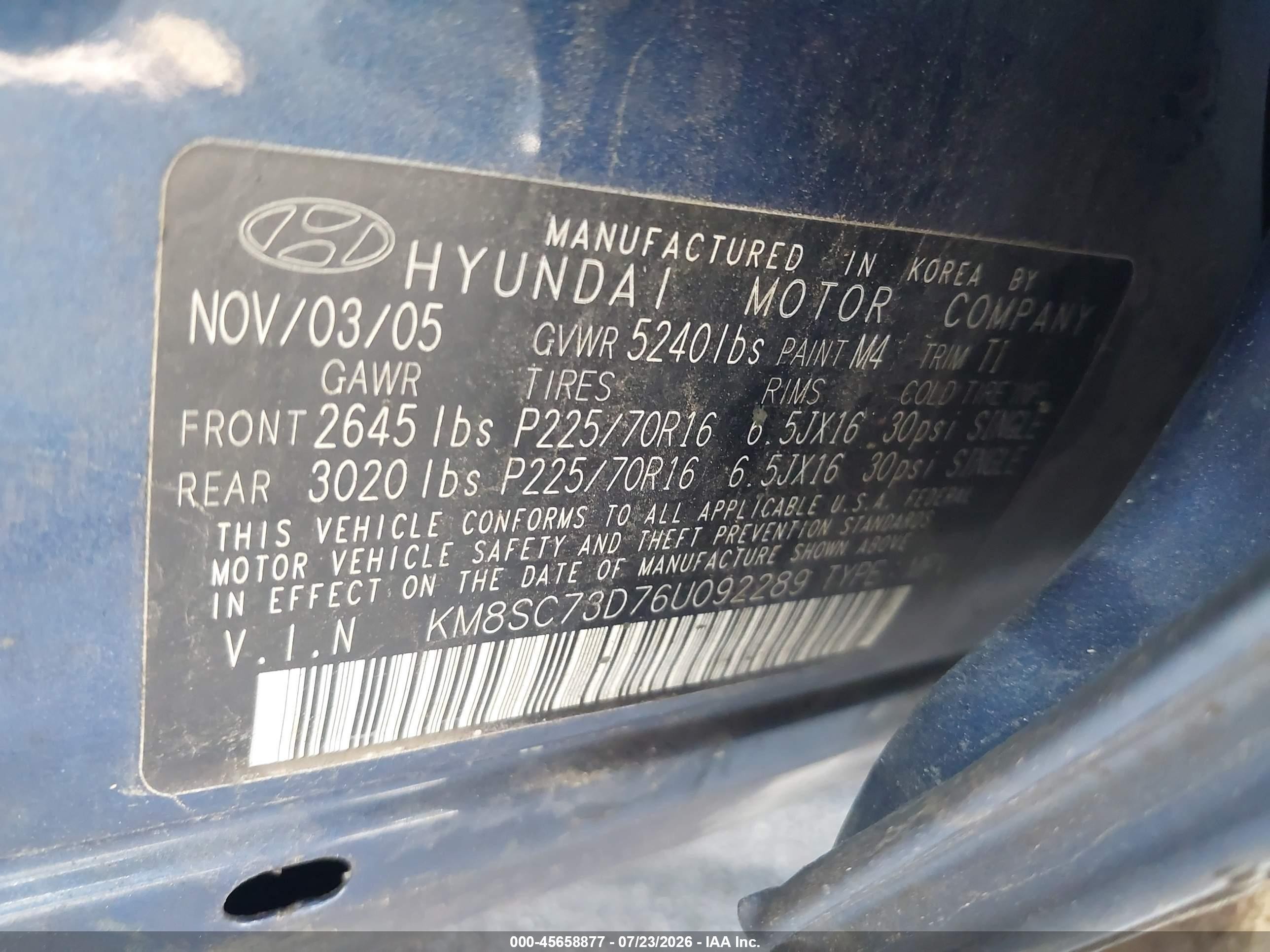 2006 Hyundai Santa Fe Gls Синий vin: KM8SC73D76U092289