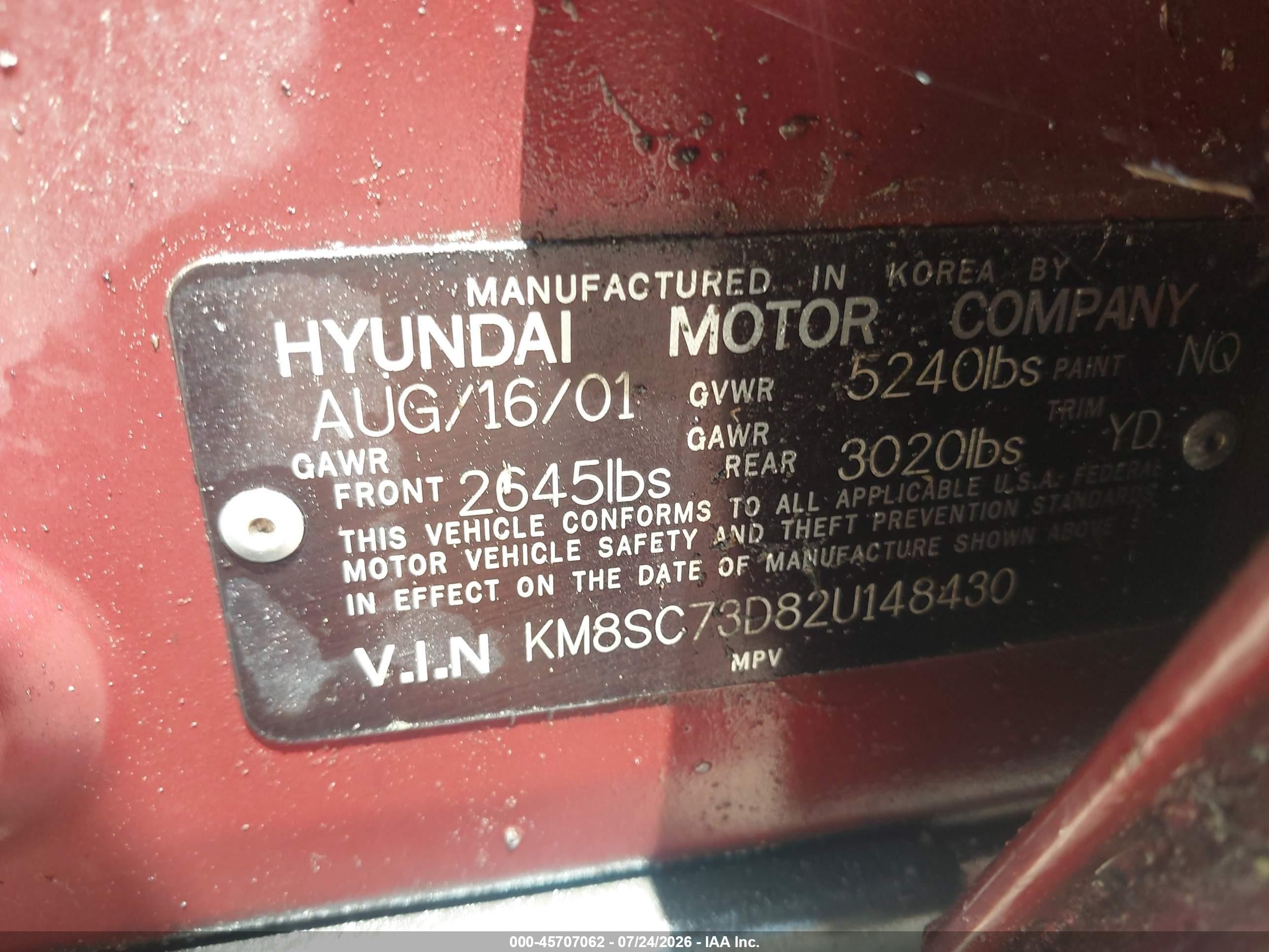 2002 Hyundai Santa Fe Gls/lx Red vin: KM8SC73D82U148430