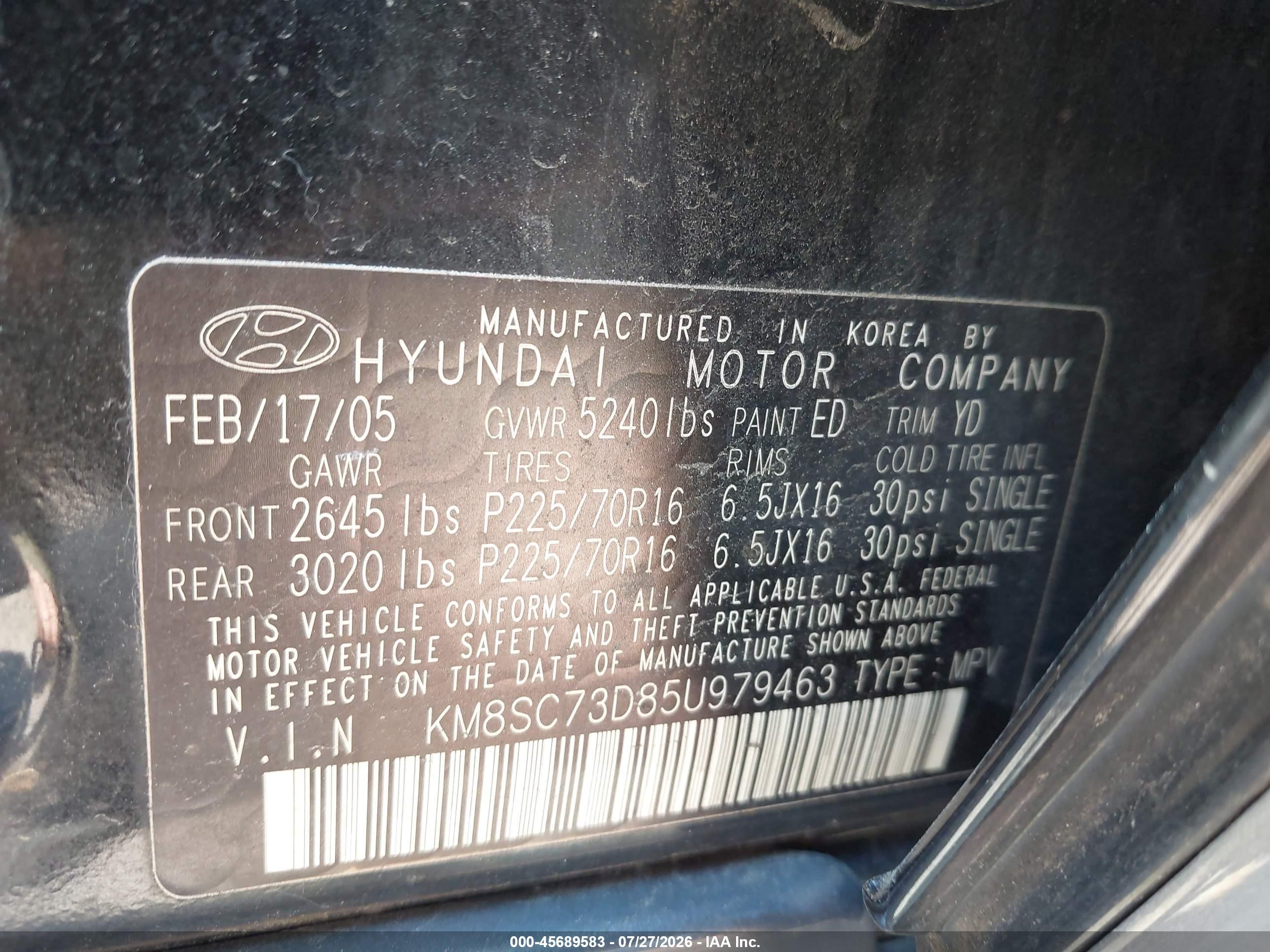 2005 Hyundai Santa Fe Gls Black vin: KM8SC73D85U979463