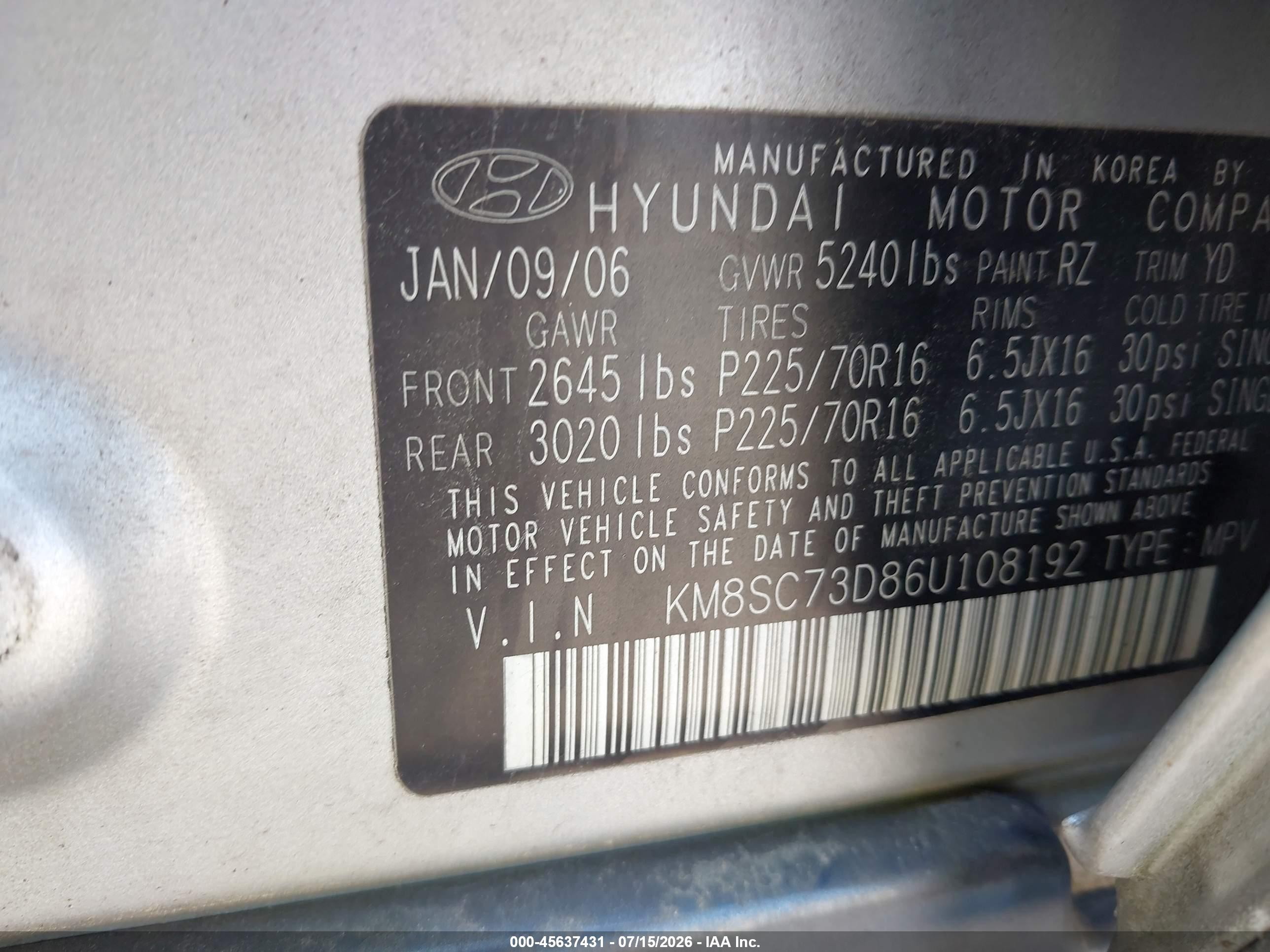 2006 Hyundai Santa Fe Gls Silver vin: KM8SC73D86U108192