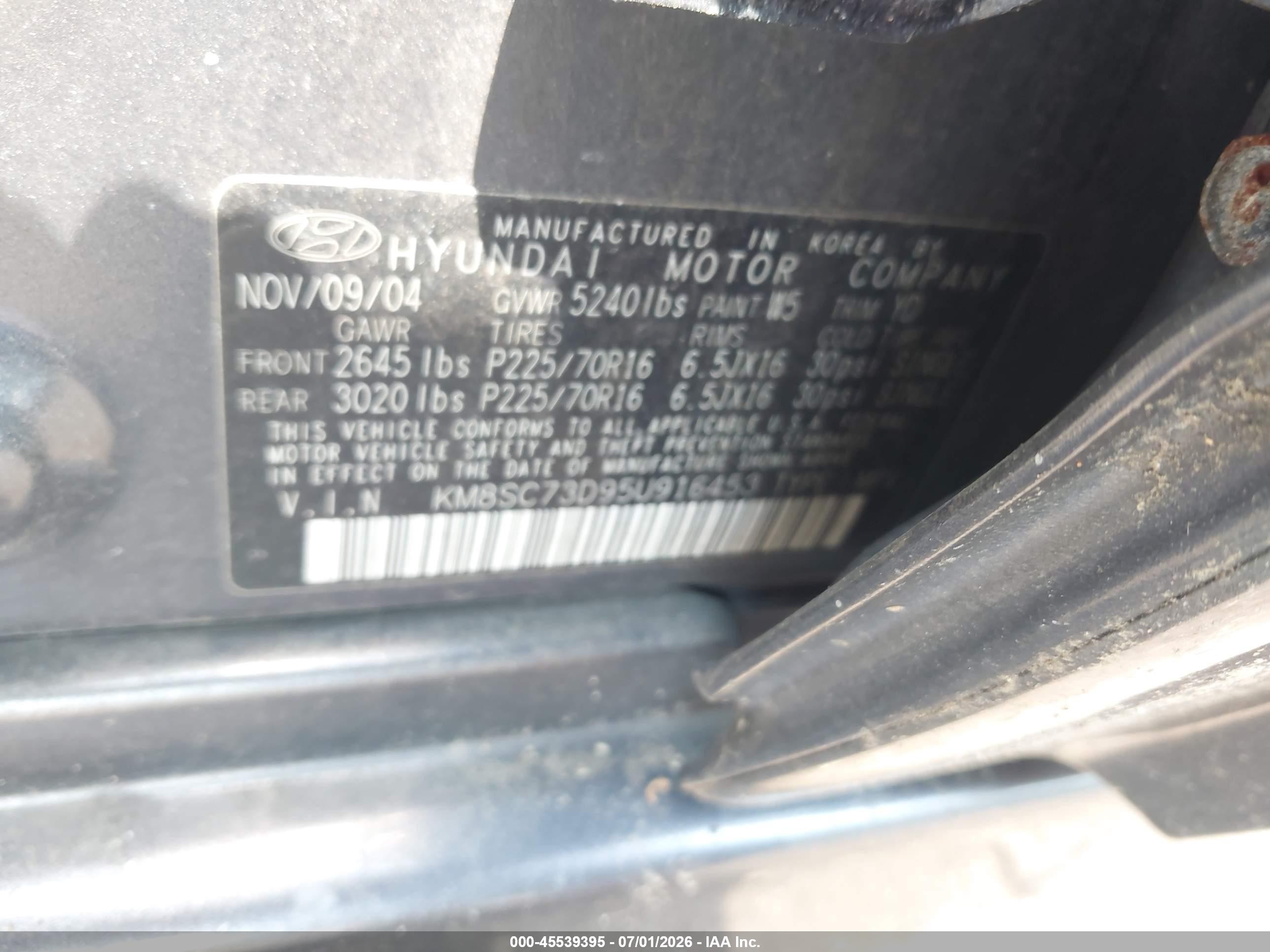 2005 Hyundai Santa Fe Gls Blue vin: KM8SC73D95U916453