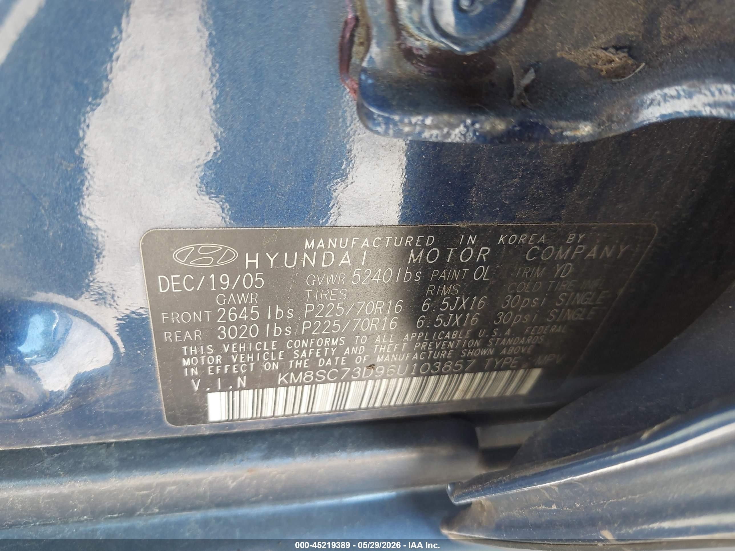 2006 Hyundai Santa Fe Gls Синий vin: KM8SC73D96U103857