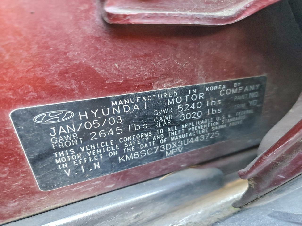 2003 Hyundai Santa Fe Gls Red vin: KM8SC73DX3U443725