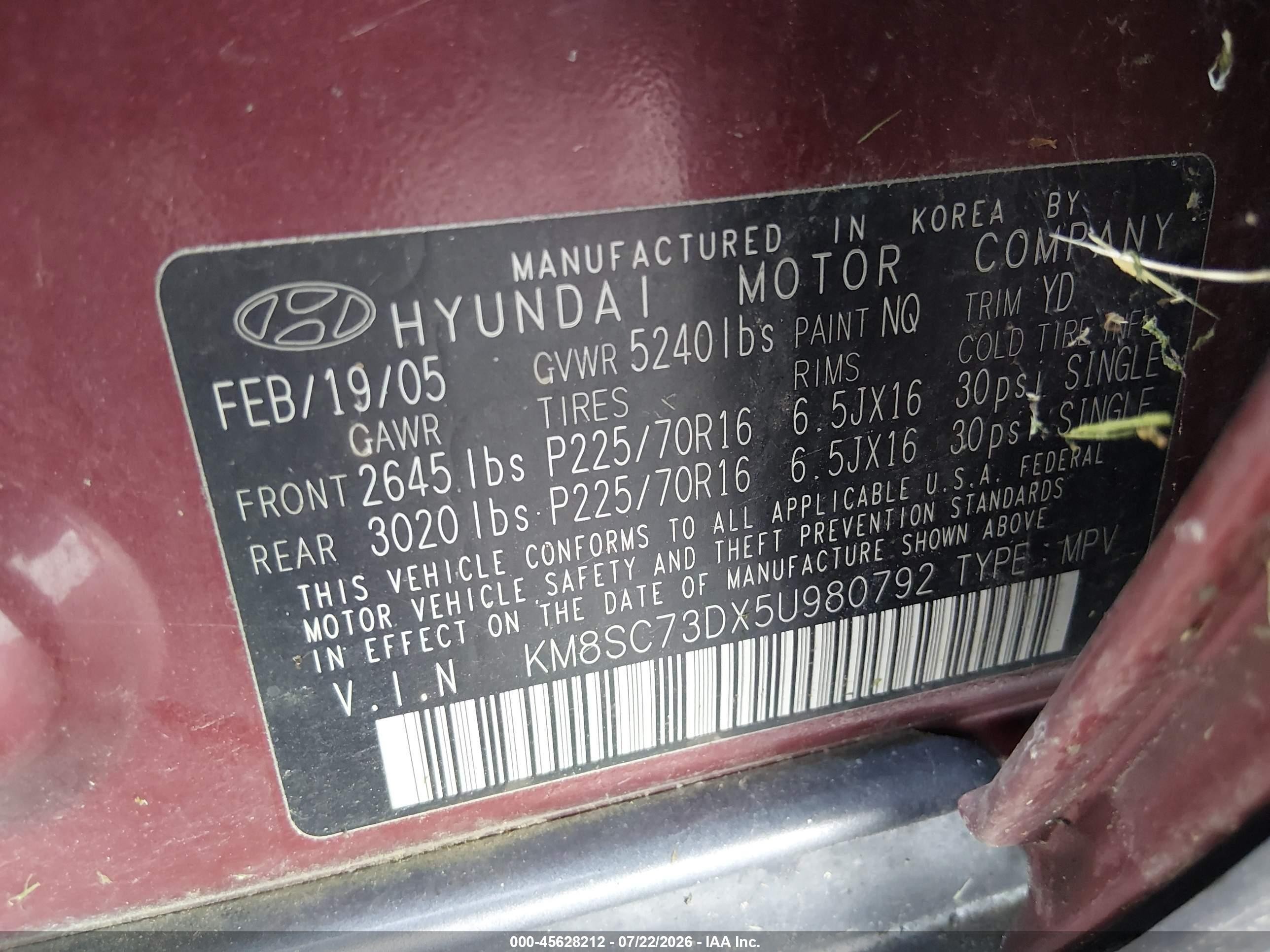 2005 Hyundai Santa Fe Gls Red vin: KM8SC73DX5U980792
