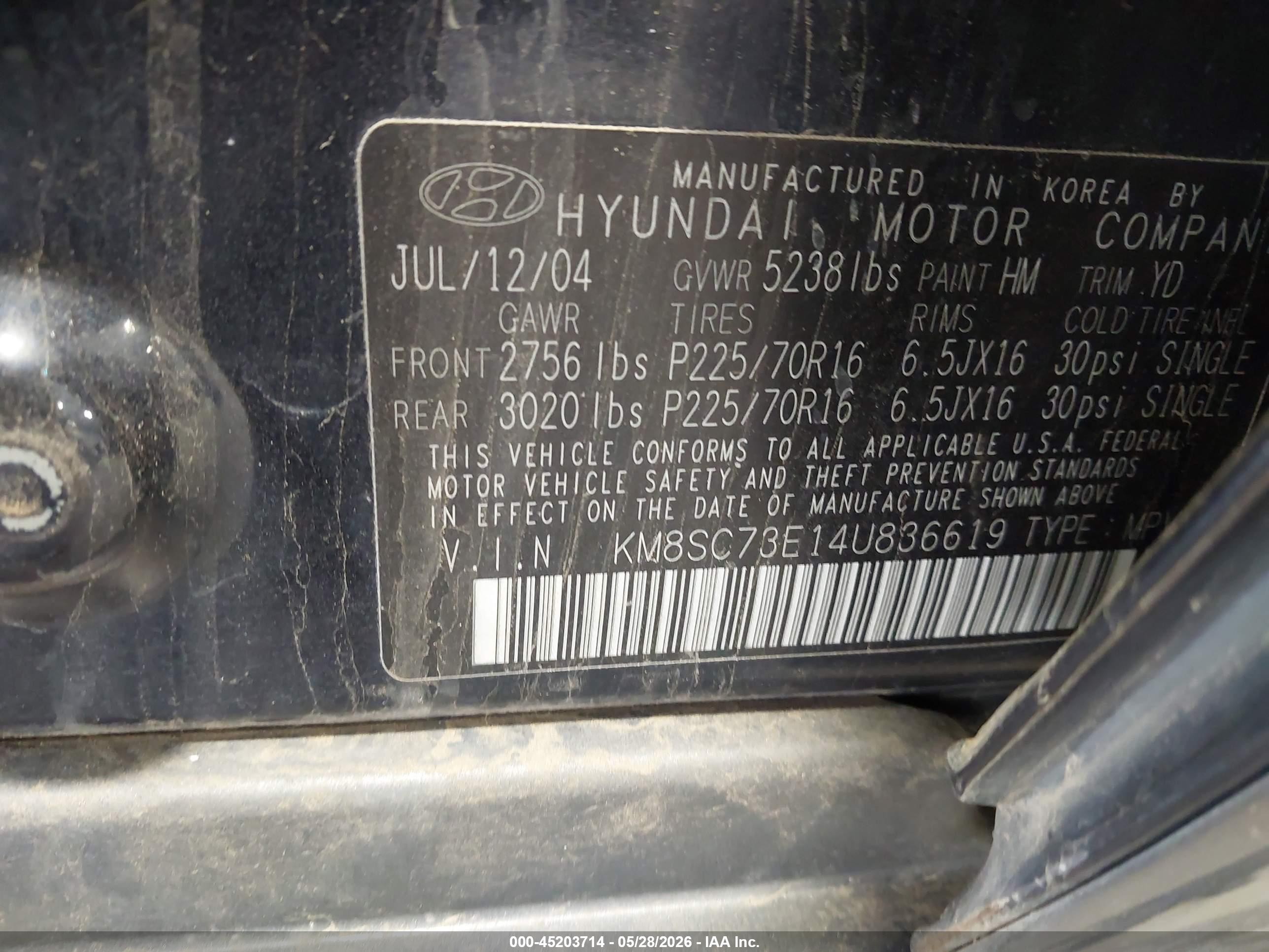 2004 Hyundai Santa Fe Gls/lx Blue vin: KM8SC73E14U836619