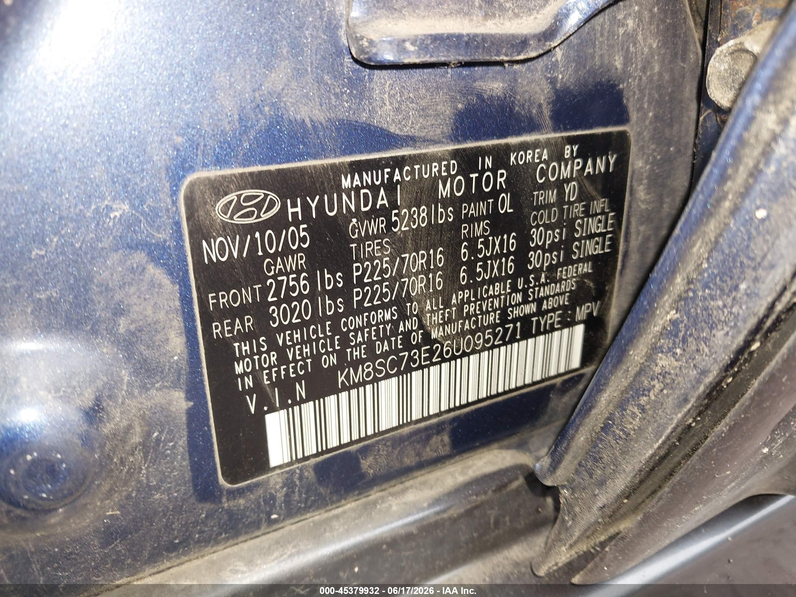 2006 Hyundai Santa Fe Gls/limited Blue vin: KM8SC73E26U095271