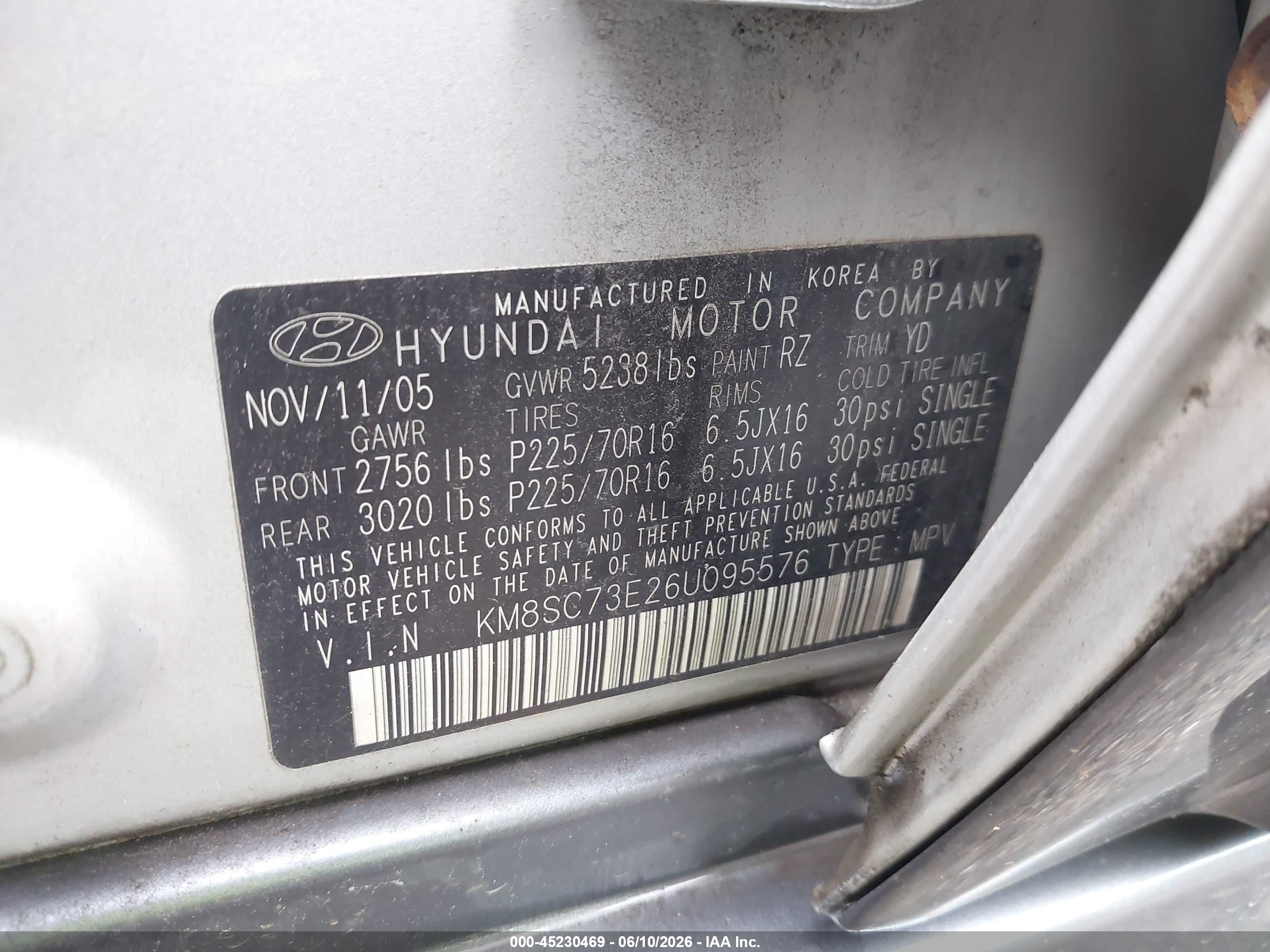 2006 Hyundai Santa Fe Gls/limited Silver vin: KM8SC73E26U095576