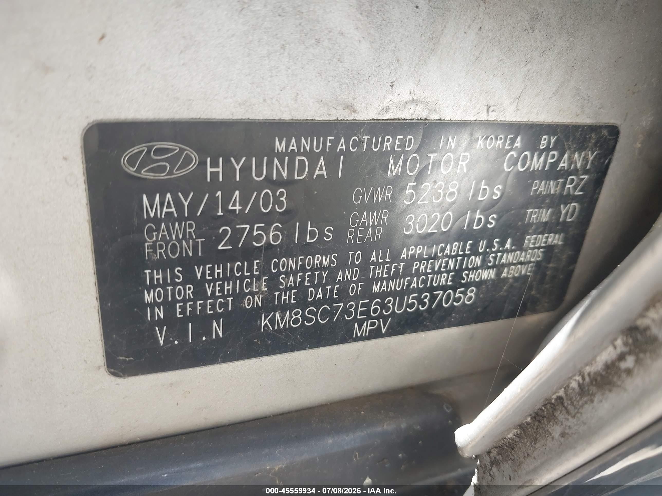 2003 Hyundai Santa Fe Gls/lx Silver vin: KM8SC73E63U537058