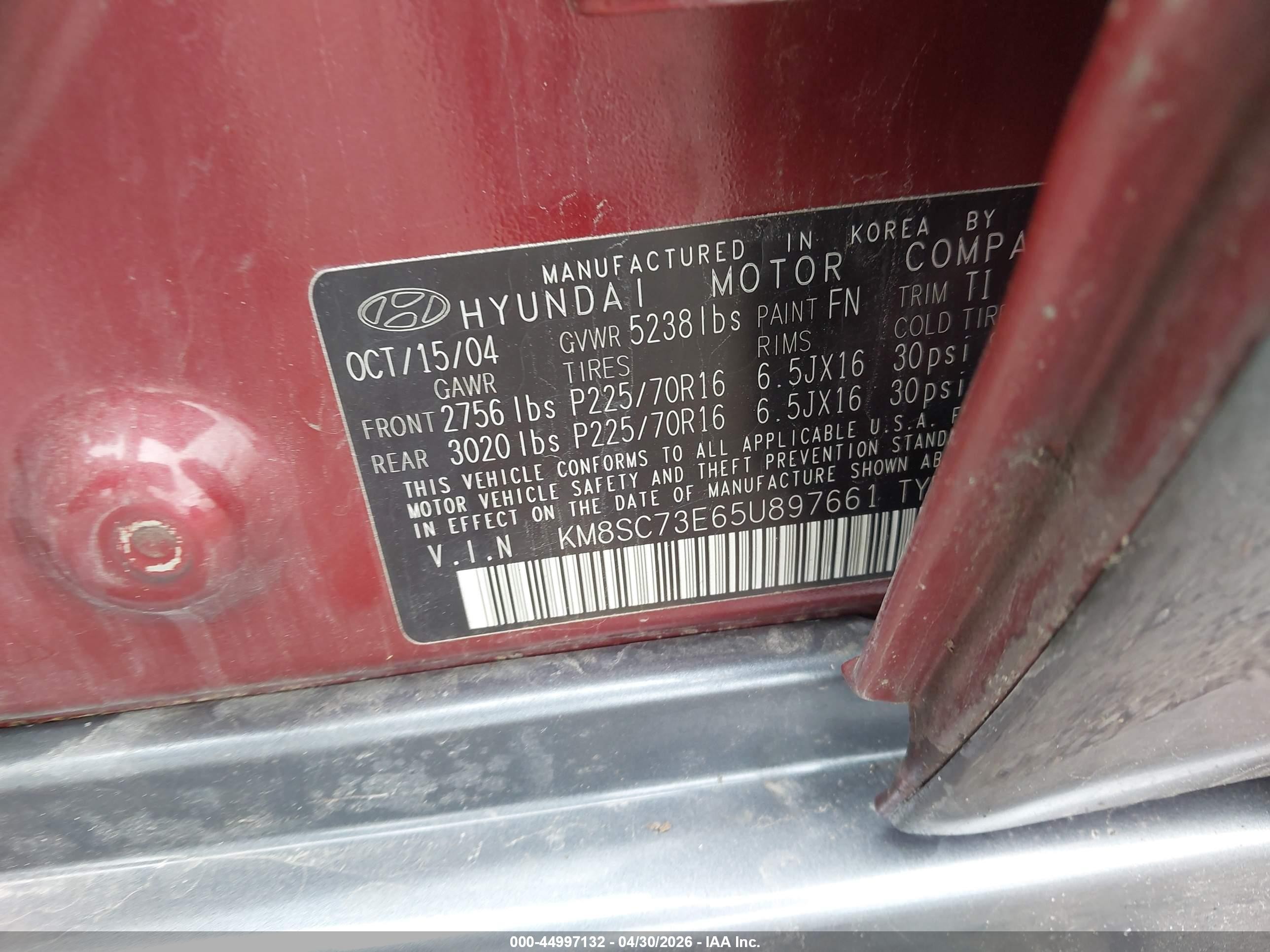 2005 Hyundai Santa Fe Gls/lx Red vin: KM8SC73E65U897661