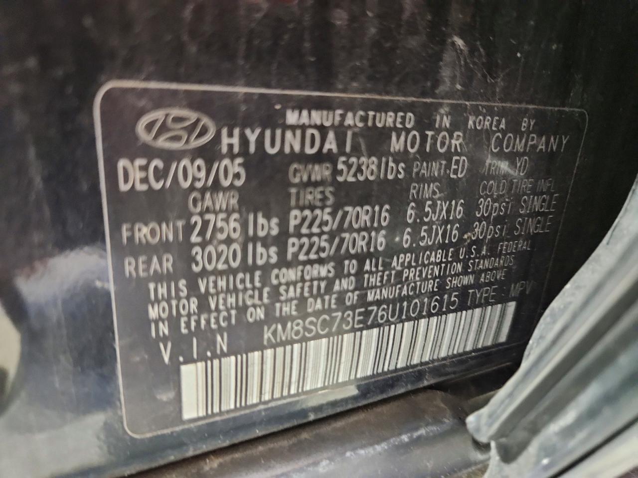 2006 Hyundai Santa Fe Gls Black vin: KM8SC73E76U101615