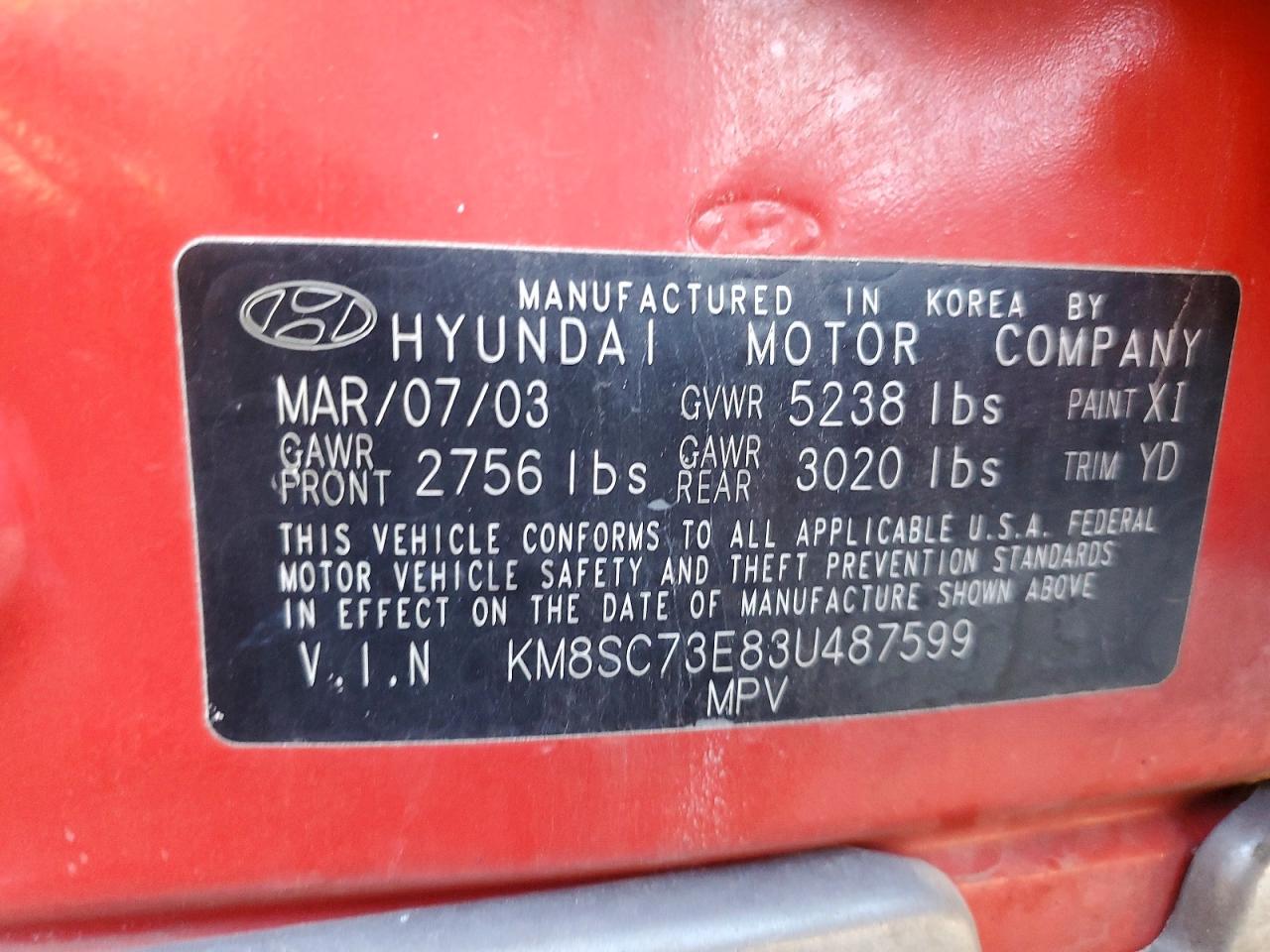 2003 Hyundai Santa Fe Gls Red vin: KM8SC73E83U487599