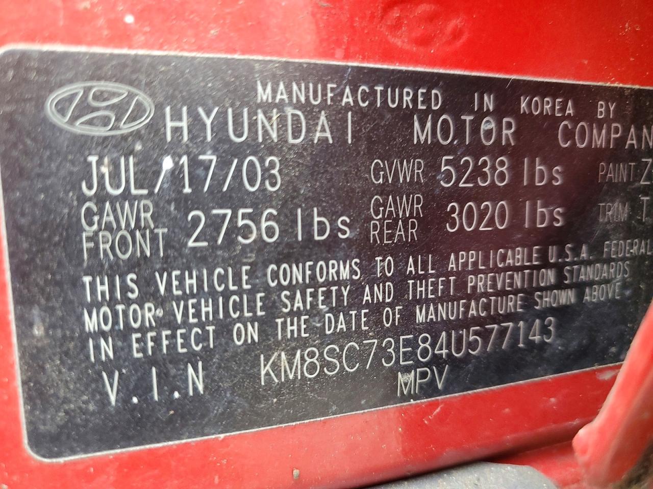 2004 Hyundai Santa Fe Gls Red vin: KM8SC73E84U577143