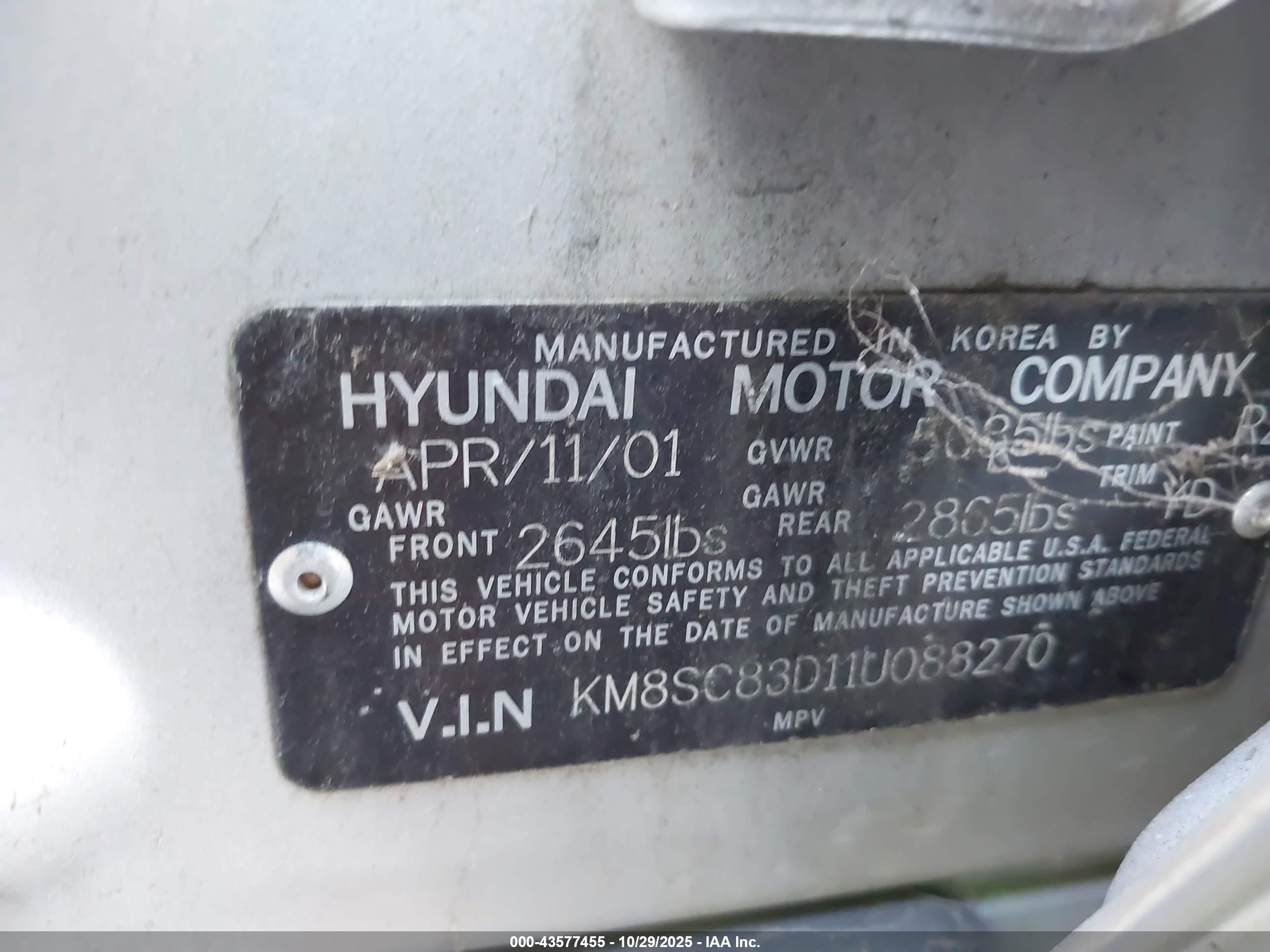 2001 Hyundai Santa Fe 2.7l V6 Gls/2.7l V6 Lx Silver vin: KM8SC83D11U088270