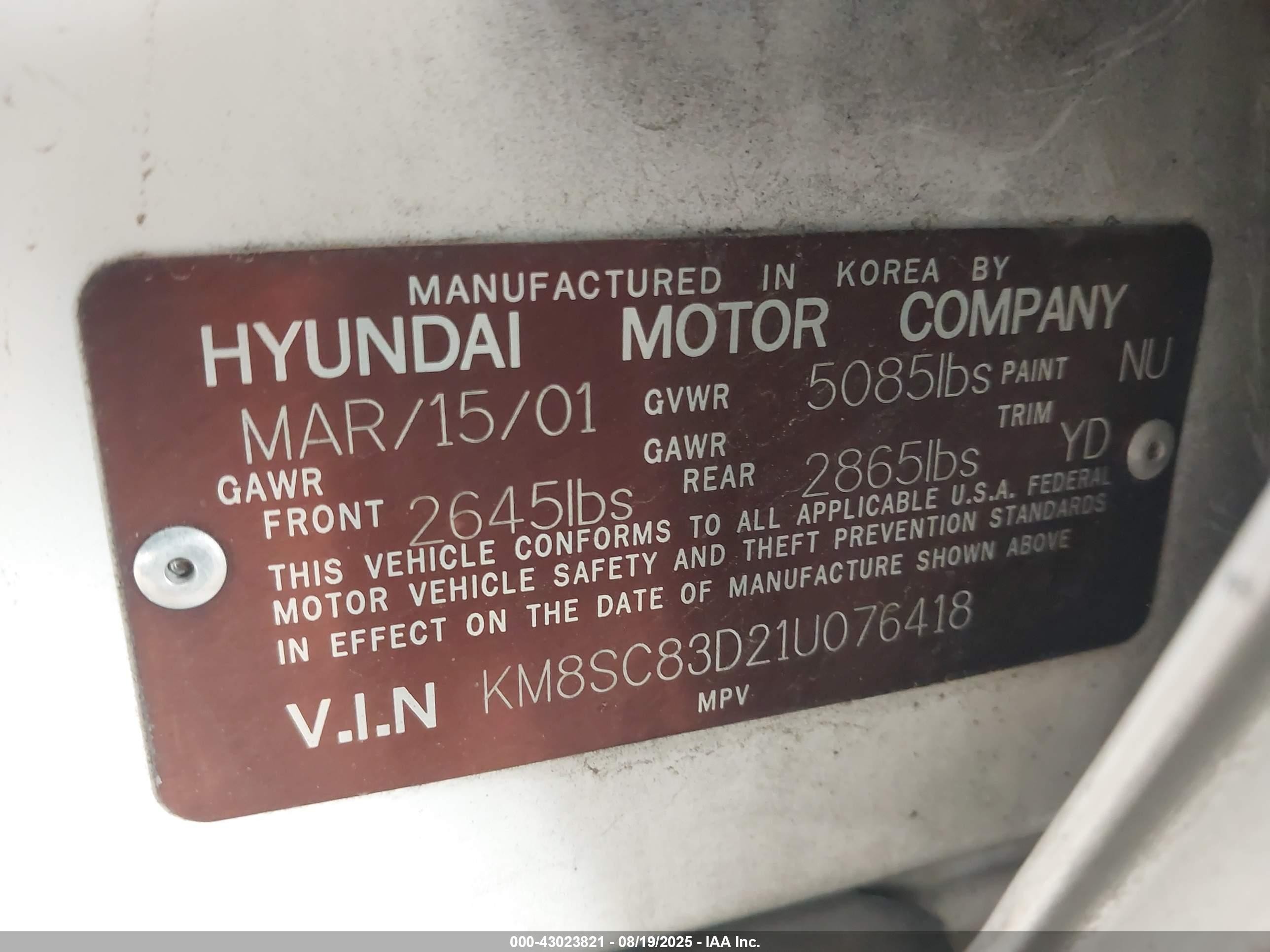 2001 Hyundai Santa Fe   White vin: KM8SC83D21U076418