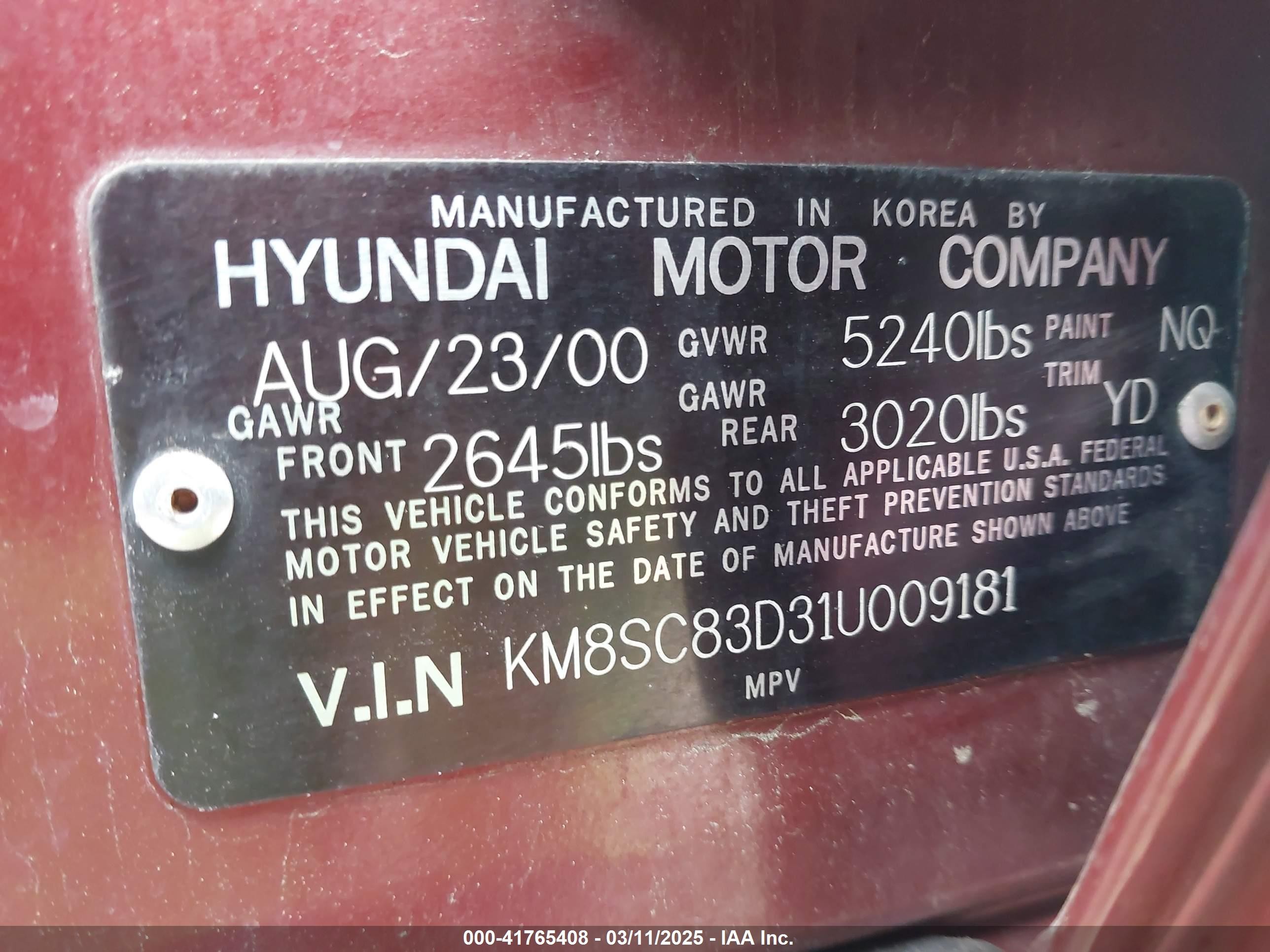 2001 Hyundai Santa Fe 2.7l V6 Gls/2.7l V6 Lx Maroon vin: KM8SC83D31U009181