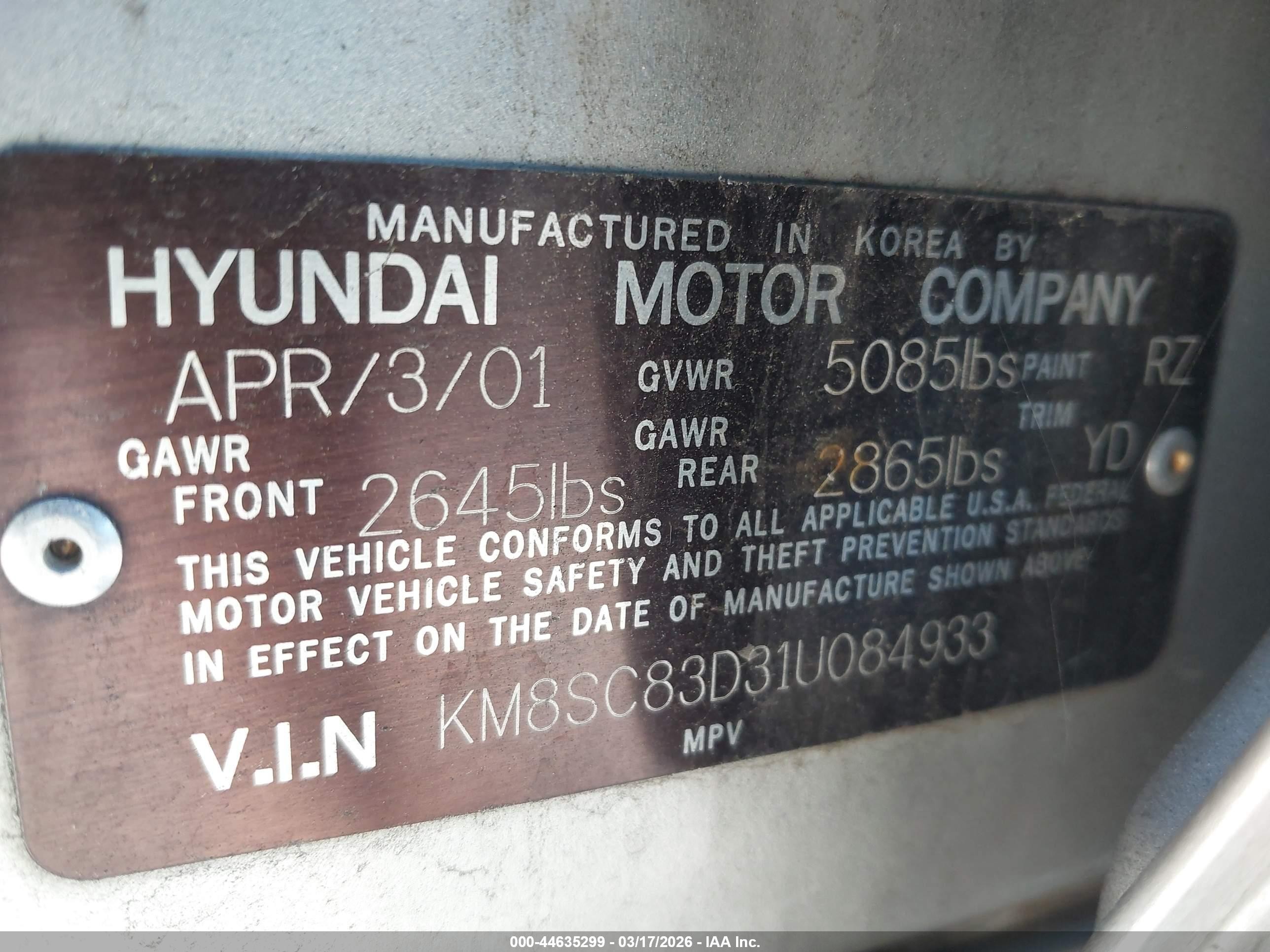 2001 Hyundai Santa Fe 2.7l V6 Gls/2.7l V6 Lx Silver vin: KM8SC83D31U084933