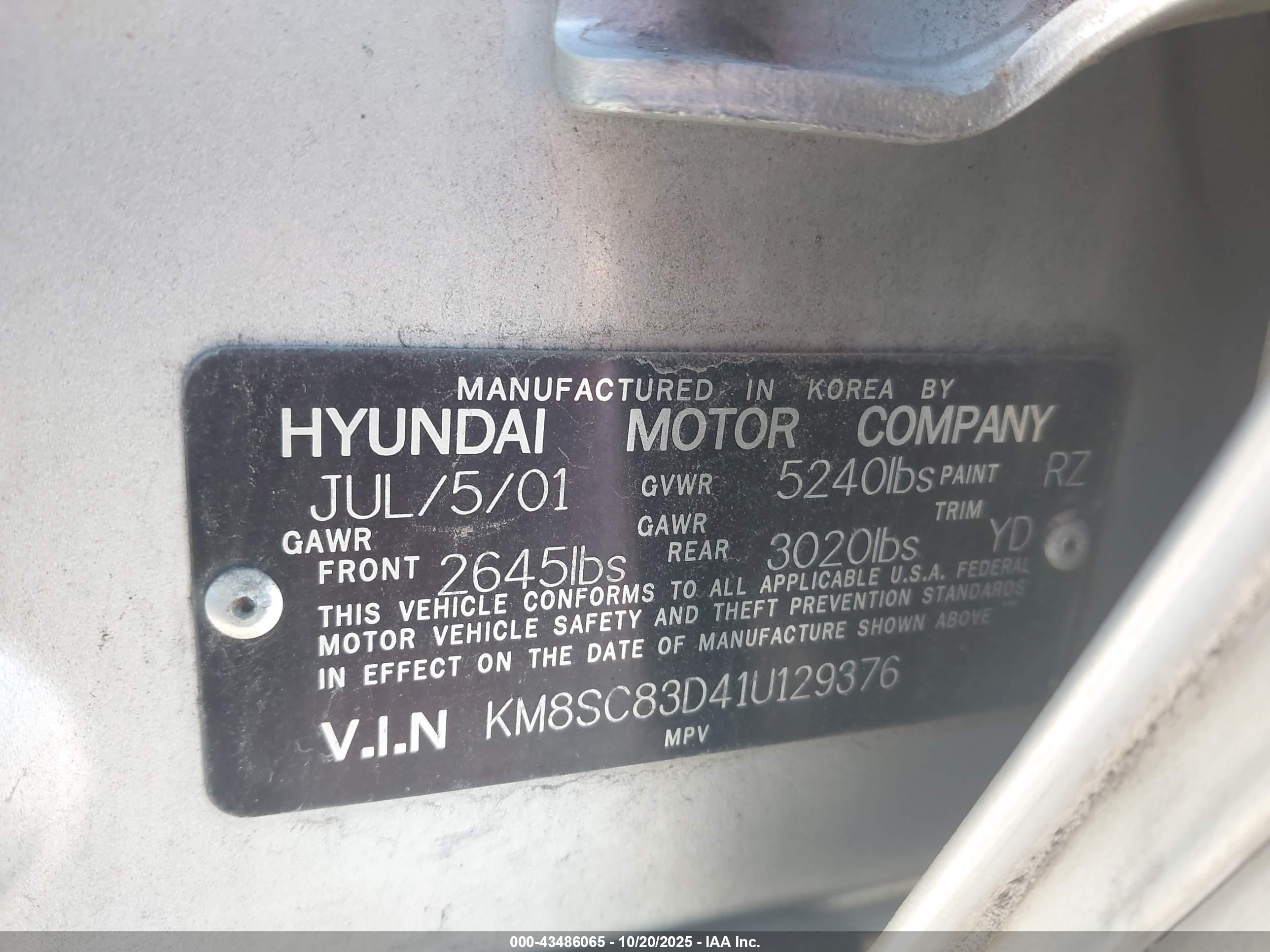 2001 Hyundai Santa Fe 2.7l V6 Gls/2.7l V6 Lx Silver vin: KM8SC83D41U129376