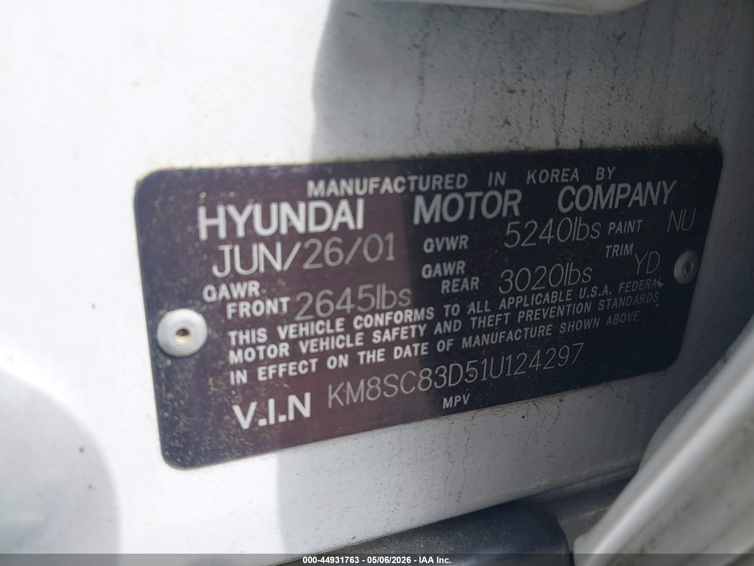 2001 Hyundai Santa Fe 2.7l V6 Gls/2.7l V6 Lx White vin: KM8SC83D51U124297