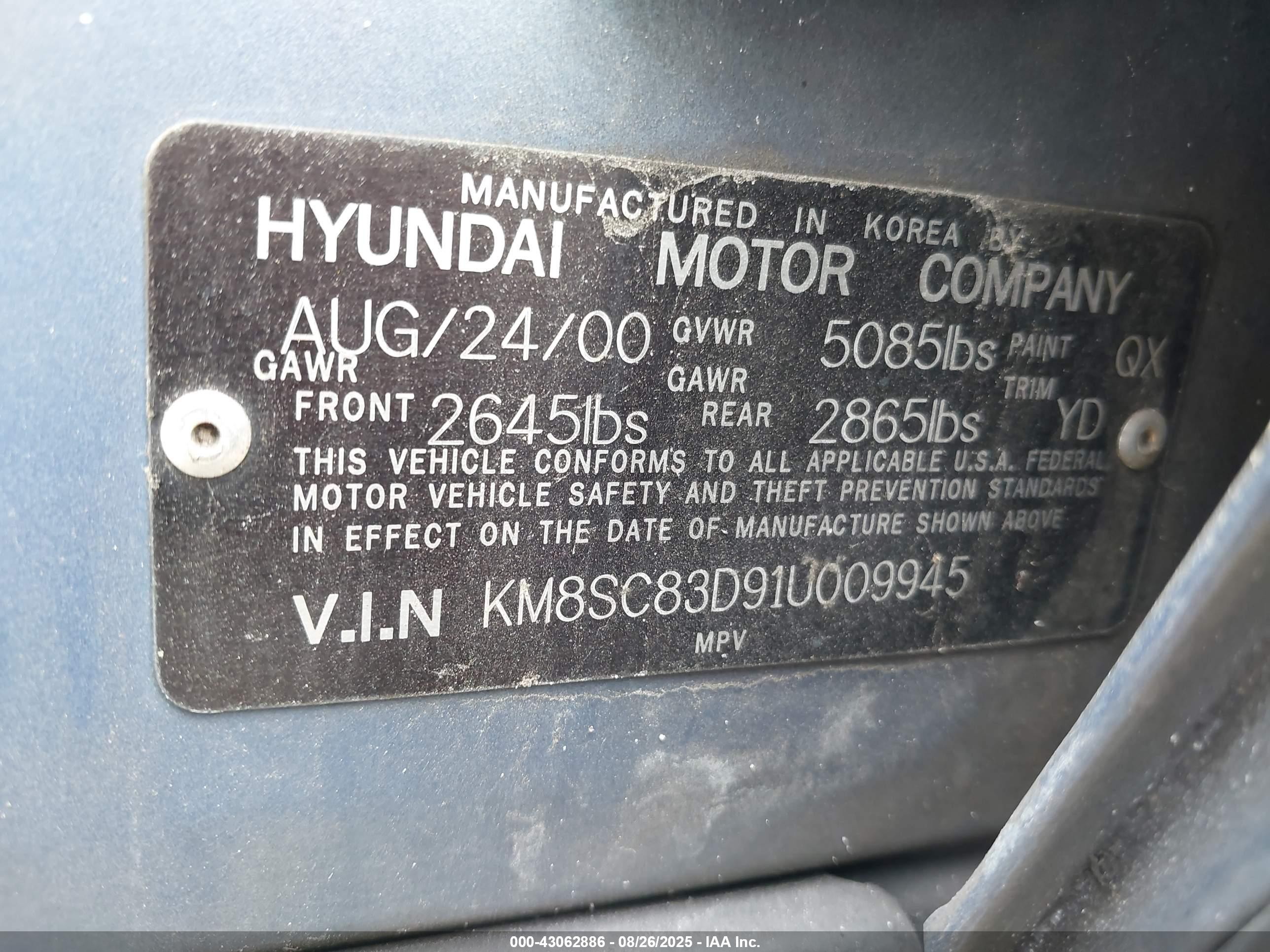 2001 Hyundai Santa Fe 2.7l V6 Gls/2.7l V6 Lx Blue vin: KM8SC83D91U009945
