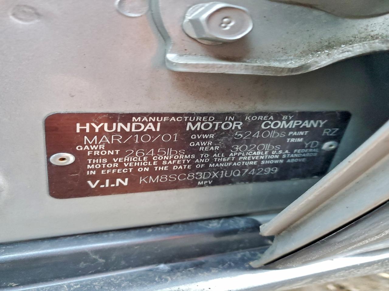 2001 Hyundai Santa Fe Gls Silver vin: KM8SC83DX1U074299